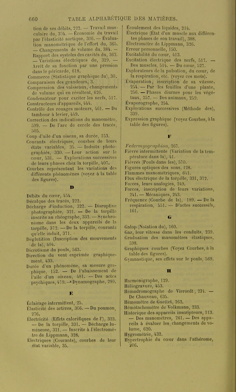 tinn de ses débits, 222. — Travail mus culaire du, 304. — Économie du travail par l'élasticité aortique, 306. — Évalua- tion manométriqué de l'effort du, 365. — Changements de volume du, 384. — Rapport ées systoles des cavités du, 363. — Variations électriques du, 329. — Arrêt de sa fonction par une pression dans le péricarde, 618. Commerce (Statistique graphique du), 30. Comparaison des grandeurs, 3. Compression des vaisseaux, changement de volume qui en résultent, 626. Condensateur pour exciter les nerfs, ÔI7. Construcleurs d'appareils, 444. Contrôle des rouages moteurs, 461. — Du tambour à levier, 449. Correction des indications du manomètre, f>99. — De l'arc de cercle des tracés, 505. Coup d'aile d'un oiseau, sa durée, 153. Courants électriques, courbes de leurs états variables, 35. — Induits photo- graphiés, 330. — Leur action sur le cœur, 531. — Explorations successives de leurs phases chez la torpille, 407. Courbes représentant les variations des différents phénomènes (voyez à la table des figures). D Débits du cœur, 454. Décalque des tracés, 222. Décharge d'induction, 322. — Disruplive photographiée, 321. — De la torpille inscrite au rhéographe, 332. — Synchro- nisme dans les deux appareils de la torpille, 372. — De la torpijle, courants qu'elle induit, 371. Déglutition (Inscription des mouvements de la), 404. Dicrolisme du pouls, 563. Direction du vent exprimée graphique- ment, 433. Durée d'un phénomène, sa mesure gra- phique. 152. — De l'abaissement de l'aile d'un oiseau, 481. — Des actes psychiques, 479. -* Dynamographe, 299. E Éclairage intermittent, 25. Élasticité des artères, 306. —Du poumon, 276. Électricité (Effets calorifiques de 1'), 323. — De la torpille, 331. — Décharge lu- mineuse, 321. — Inscrite à l'électromè- tre de Lippmann, 328. Électriques (Courants), courbes de leur état variable, 35. Écoulement des liquides, 214. Electrique (Etal d'un muscle aux différen- tes phases de son travail), 388. Électromètre de Lippmann, 326. Erreur personnelle, 150. Excitabilité du cœur, 413. Excitation électrique des nerfs, 517. — Des muscles, 514. — Du cœur, 527. Explorateurs de la pulsation, du cœur, de la respiration, etc. (voyez ces mots). Évaporalion, inscription de sa vitesse, 254. — Par les feuilles d'une plante, 256. — Phases diurnes pour les végé- taux, 257. — Des animaux, 259. Evaporographe, 254. Explorations successives (Méthode des), 339. Expression graphique (voyez Courbes, à la table des figures). F Federmyographion, 267. Fièvre intermittente (Variation de la tem- pérature dans la), 41. Fièvres (Pouls dans les), 570. Figures optiques des sons. 128. Flammes manométriques, 641. Flux électrique de la torpille, 331, 372. Forces, leurs analogies, 249. Forces, inscription de leurs variations, 241. — Mécaniques, 243. Fréquence (Courbe de la), 189.—Delà respiration, 551. — D'actes successifs,. 161. G Galop (Notation du), 160. Gaz, leur vitesse dans les conduits, 239. Graduation des manomètres élastiques, 598. Graphiques courbes (Voyez Courbes, à la table des figures). Gymnastique, ses effets sur le pouls. 569. n Ilarmonigraphe, 129. Héliogravure, 453. Ilémodromographc de Vierordt, 23'i. — De Chauveau, 635. Ilémomètre de Gueltet, 262. Hémôtachomètre de Volkmann, 233. Historique des appareils inscripteurs, 113. — Des manomètres, 261.— Des appa- reils à évaluer les changements de vo- lume, 620. Hygrométrie, 432. Hypertrophie du cœur dans l'athérome, m.