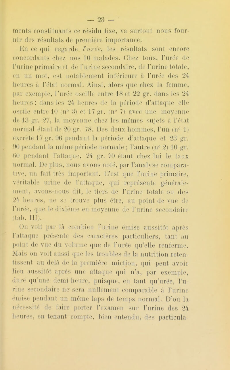 ments constituants ce résidu fixe, va surtout nous four- nir des résultats de première importance. En ce qui regarde Purée, les résultats sont encore concordants chez nos LO malades. Chez tous, l'urée de l'urine primaire el de l'urine secondaire, de l'urine totale, en un mot, est notablement inférieure à l'urée des 24 heures à l'état normal. Ainsi, alors que chez la femme, par exemple, l'urée oscille entre 1S cl 22 gr. dans les 2fi heures: dans 1rs 24 heures de la période d'attaque elle oscile entre lu (n° 3) et 17 gr. (n° 7) avec une moyenne de 13 gr. '21, la moyenne chez les mêmes sujets à l'état normal étant de20gr. 78. Des deux hommes, l'un (n° 1) excrète 11 gr. 96 pendant la période d'attaque el 23 gr. 90 pendant la même période normale; l'autre (n° 2) 10 gr. <»o pendanl l'attaque, 24 gr. 70 étant chez lui le faux normal. De [dus, nous avons noté, par l'analyse compara- tive, un l'ail 1res important. C'est que l'urine primaire, véritable urine de rattaque, qui représente générale- ment, avons-nous dit, le tiers de J'urine totale ou dos 24 heures, ne s • trouve (dus être, au point de vue de l'urée, que le dixième en moyenne de l'urine secondaire liai». III). On voit par là combien l'urine émise aussitôt après l'attaque présente des caractères particuliers, laid au point de vue du volume que de l'urée qu'elle renferme. Mais on voit aussi que les troubles de la nutrition reten- tissent au delà de la première miction, qui peul avoir lieu aussitôt après une attaque qui n'a, par exemple, duré qu'une demi-heure, puisque, eu tanl qu'urée, l'u- rine secondaire ne sera nullement comparable a l'urine ''•mise pendant un même laps de temps normal. D'où la nécessité de faire porter l'examen sur l'urine des 24 heures, en tenant compte, bien entendu, des particula-