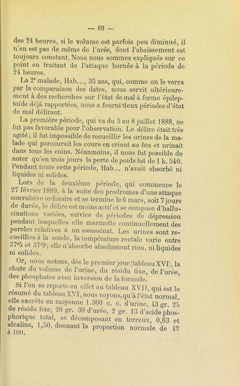 des 24 heures, si le volume est parfois peu diminué, il n'en est pas de même de l'urée, dont l'abaissement est toujours constant. Nous nous sommes expliqués sur ce point en traitant de l'attaque bornée à la période de 24 heures. La 2e malade, Hab..., 35 ans, qui, comme on le verra par la comparaison des dates, nous servit ultérieure- ment à des recherches sur l'état de mal à forme épilep- toïde déjà rapportées, nous a fourni tleux périodes d'état de mal délirant. La première période, qui va du 5 au 8 juillet 1888, ne fut pas favorable pour l'observation. Le délire était très agité ; il fut impossible de recueillir les urines de la ma- lade qui parcourait les cours en criant au feu et urinait dans tous les coins. Néanmoins, il nous fut possible de noter qu'en trois jours la perte de poids fut de 1 k. 540. Pendant toute cette période, Hab... n'avait absorbé ni liquides ni solides. Lors de la deuxième période, qui commence le 27 février 1889, à la suite des prodromes d'une attaque convulsive ordinaire et se termine le 6 mars, soit 7 jours de durée, le délire est moins actif et se compose d'hallu- cinations variées, suivies de périodes de dépression pendant lesquelles elle marmotte continuellement des paroles relatives i\ un assassinat. Les urines sont re- cueillies à la sonde, la température rectale varie entre 37°5 et 37°9; elle n'absorbe absolument rien, ni liquides ni solides. Or, nous notons, dès le premier jour (tableau XVi) la chute du volume de l'urine, du résidu fixe, de l'urée des phosphates avec inversion de la formule. r Si l'on se reporte en effet au tableau XVH, qui est le résume du tableau XVI, nous voyons,qu'à l'état normal elle excrète en moyenne 1.300 c. c. d'urine, 43 £r 25 de résidu fixe, 20 gr. 30 d'urée, 2 gr. 13 d'acide phos- pnonque total, se décomposant en terreux, 0,63 et alcalins, 1,50, donnant la proportion normale de 42 a 100.