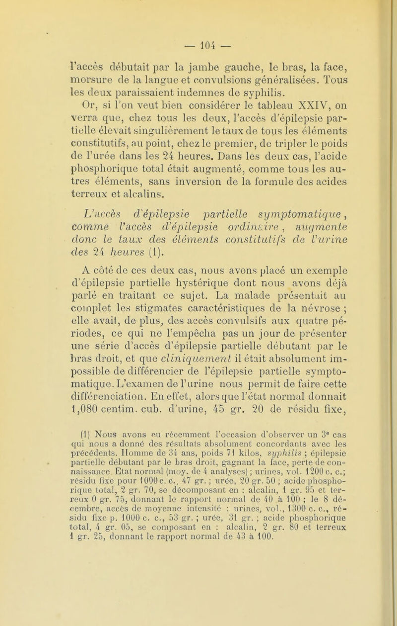 l'accès débutait par la jambe gauche, le bras, la face, morsure de la langue et convulsions généralisées. Tous les deux paraissaient indemnes de syphilis. Or, si Ton veut bien considérer le tableau XXIV, on verra que, chez tous les deux, l'accès d'épilepsie par- tielle élevait singulièrement le taux de tous les éléments constitutifs, au point, chez le premier, de tripler le poids de l'urée dans les 24 heures. Dans les deux cas, l'acide phosphorique total était augmenté, comme tous les au- tres éléments, sans inversion de la formule des acides terreux et alcalins. L'accès cVépilepsie parh'e^e symptomatique, comme l'accès d'épilepsie ordinaire , augmente donc le taux des éléments constitutifs de l'urine des 24 heures (1). A côté de ces deux cas, nous avons placé un exemple d'épilepsie partielle hystérique dont nous avons déjà parlé en traitant ce sujet. La malade présentait au complet les stigmates caractéristiques de la névrose ; elle avait, de plus, dos accès convulsifs aux quatre pé- riodes, ce qui ne l'empêcha pas un jour de présenter une série d'accès d'épilepsie partielle débutant par le bras droit, et que d'iniquement il était absolument im- possible de différencier de l'épilepsie partielle sympto- matique. L'examen de l'urine nous permit de faire cette différenciation. En effet, alors que l'état normal donnait 1,080 centim. cub. d'urine, 45 gr. 20 de résidu fixe, (1) Nous avons nu récemment l'occasion d'observer un 3e cas qui nous a donné des résultais absolument concordants avec les précédents. Homme de 35 ans, poids 71 kilos, syphilis ; epilepsie partielle débutant par le bras droit, gagnant la face, perte de con- naissance Etat normal (moy. de 4 analyses) ; urines, vol. 1200 c. c; résidu fixe pour 1000c. c, 47 gr. ; urée, 20 gr. 50 ; acide phospho- rique total, 2 gr. 70, se décomposant en : alcalin, 1 gr. 95 et ter- reux 0 gr. 75, donnant le rapport normal de 40 à 100 ; le 8 dé- cembre, accès de moyenne intensilé : urines, vol., 1300 c. c, ré- sidu fixe p. 10U0 c. c, 53 gr. ; urée, 31 gr. ; acide phosphorique total, 4 gr. 05, se composant en : alcalin, 2 gr. 80 et terreux 1 gr. 25, donnant le rapport normal de 43 à 100.