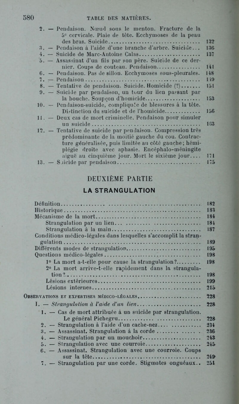 2. — Pendaison. Nœud sous le menton. Fracture de la 5e cervicale. Plaie de tête. Ecchymoses de la peau des bras. Suicide 13? 3. — Pendaison à l’aide d’une branche d’arbre. Suicide... 130 4. — Suicide de Marc-Antoine Calas 137 5. — Assassinat d’un fils par son père. Suicide de ce der- nier. Coups de couteau. Pendaison 141 G. — Pendaison. Pas de sillon. Ecchymoses sous-pleurales. 148 7. — Pendaison 119 8. — Tentative de pendaison. Suicide. Homicide (?) 151 9. — Suicide par pendaison, un tour du lien passant par la bouche. Soupçon d’homicide 153 10. — Pendaison-suicide, compliquée de blessures à la tête. Distinction du suicide et de l’homicide 156 11. — Deux cas de mort criminelle. Pendaison pour simuler un suicide 183 12. — Tentative de suicide par pendaison. Compression très prédominante de la moitié gauche du cou. Contrac- ture généralisée, puis limitée au côté gauche; hémi- plégie droite avec aphasie. Encéphalo-méningite aiguë au cinquième jour. Mort le sixième jour 171 13. — Sjicide par pendaison 175 DEUXIÈME PARTIE LA STRANGULATION Définition 182 Historique 183 Mécanisme de la mort 184 Strangulation par un lien 181 Strangulation à la main 187 Conditions médico-légales dans lesquelles s’accomplit la stran- gulation 189 Différents modes de strangulation 195 Questions médico-légales 198 1° La mort a-t-elle pour cause la strangulation? 198 2° La mort arrive-t-elle rapidement dans la strangula- tion? 198 Lésions extérieures 199 Lésions internes 215 Observations et expertises médico-légales 228 I. — Strangulation à l’aide d'un lien 226 1. — Cas de mort attribuée à un suicide par strangulation. Le général Pichegru 228 2. — Strangulation à l’aide d’un cache-nez 234 3. — Assassinat. Strangulation à la corde 236 4. — Strangulation par un mouchoir 243 5. — Strangulation avec une courroie 245- 6. — Assassinat. Strangulation avec une courroie. Coups sur la tête 249 7. — Strangulation par une corde. Stigmates onguéaux.. 251