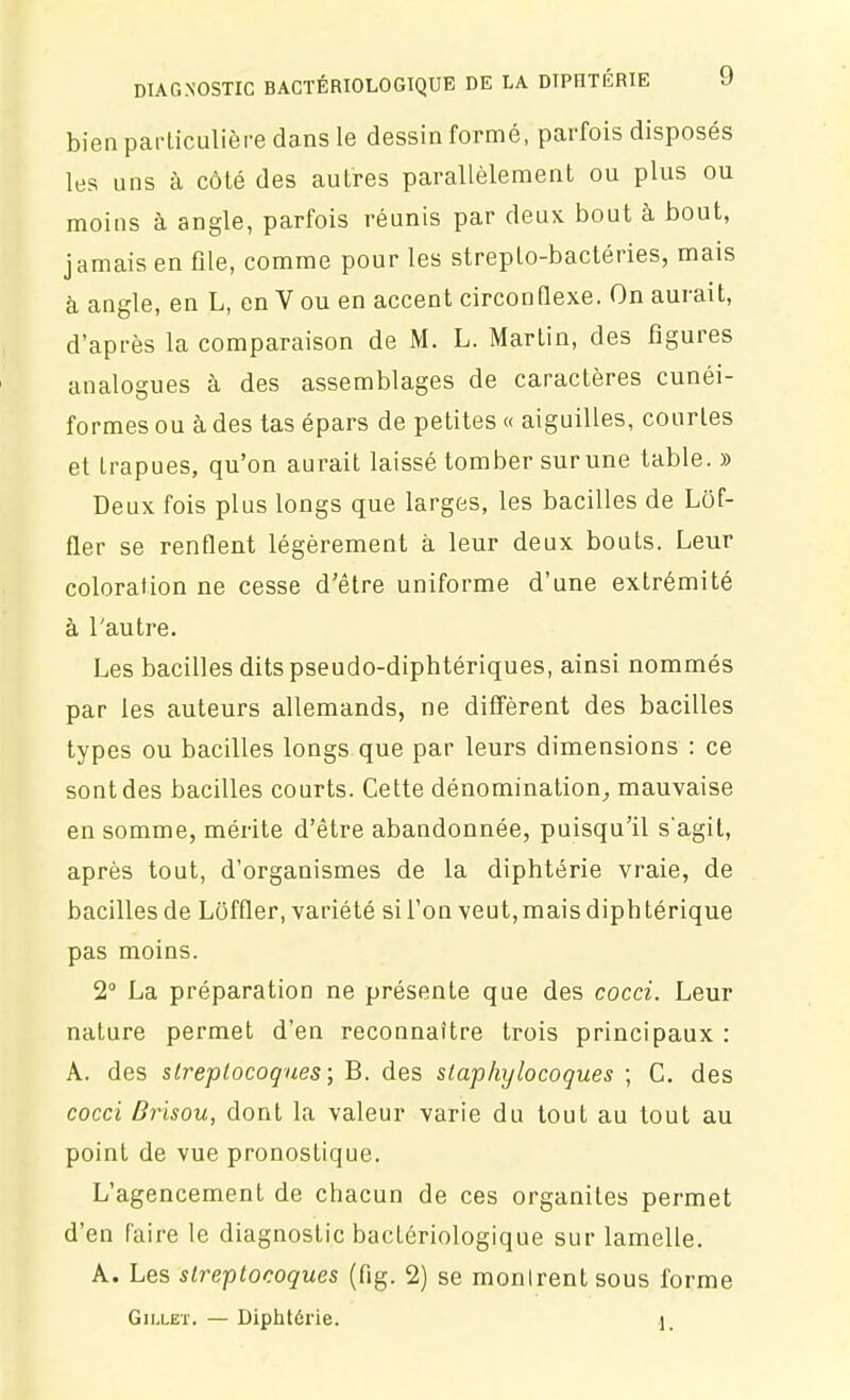 bien particulière dans le dessin formé, parfois disposés les uns à côté des autres parallèlement ou plus ou moins à angle, parfois réunis par deux bout à bout, jamais en file, comme pour les strepto-bactéries, mais à angle, en L, en V ou en accent circonQexe. On aurait, d'après la comparaison de M. L. Martin, des figures analogues à des assemblages de caractères cunéi- formes ou à des tas épars de petites « aiguilles, courtes et trapues, qu'on aurait laissé tomber sur une table. » Deux fois plus longs que larges, les bacilles de Lôf- fler se renflent légèrement à leur deux bouts. Leur coloration ne cesse d'être uniforme d'une extrémité à l'autre. Les bacilles dits pseudo-diphtériques, ainsi nommés par les auteurs allemands, ne diffèrent des bacilles types ou bacilles longs que par leurs dimensions : ce sont des bacilles courts. Cette dénomination^ mauvaise en somme, mérite d'être abandonnée, puisqu'il s'agit, après tout, d'organismes de la diphtérie vraie, de bacilles de Lôffler, variété si Ton veut, mais diph térique pas moins. 2° La préparation ne présente que des cocci. Leur nature permet d'en reconnaître trois principaux : A. des streptocoques; B. des staphylocoques ; C. des cocci Brisou, dont la valeur varie du tout au tout au point de vue pronostique. L'agencement de chacun de ces organites permet d'en faire le diagnostic bactériologique sur lamelle. A. Les streptocoques (fig. 2) se montrent sous forme GiLLET. — Diphtérie. 1.