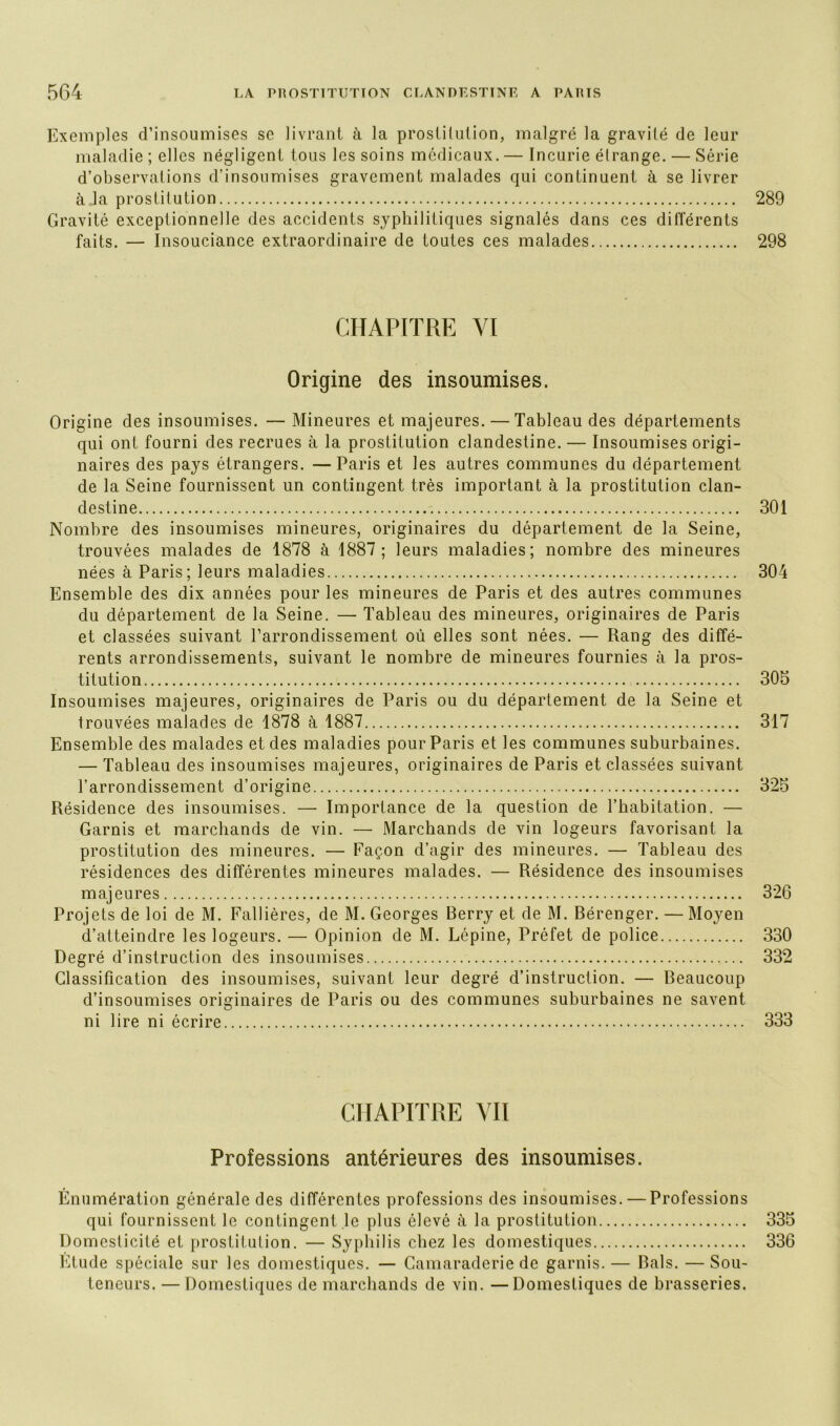 Exemples d’insoumises se livrant à la prostitution, malgré la gravité de leur maladie ; elles négligent tous les soins médicaux. — Incurie étrange. — Série d’observations d’insoumises gravement malades qui continuent à se livrer àja prostitution 289 Gravité exceptionnelle des accidents syphilitiques signalés dans ces différents faits. — Insouciance extraordinaire de toutes ces malades 298 CHAPITRE YI Origine des insoumises. Origine des insoumises. — Mineures et majeures. — Tableau des départements qui ont fourni des recrues à la prostitution clandestine. — Insoumises origi- naires des pays étrangers. —Paris et les autres communes du département de la Seine fournissent un contingent très important à la prostitution clan- destine 301 Nombre des insoumises mineures, originaires du département de la Seine, trouvées malades de 1878 à 1887; leurs maladies; nombre des mineures nées à Paris; leurs maladies 304 Ensemble des dix années pour les mineures de Paris et des autres communes du département de la Seine. — Tableau des mineures, originaires de Paris et classées suivant l’arrondissement où elles sont nées. — Rang des diffé- rents arrondissements, suivant le nombre de mineures fournies à la pros- titution 305 Insoumises majeures, originaires de Paris ou du département de la Seine et trouvées malades de 1878 à 1887 317 Ensemble des malades et des maladies pour Paris et les communes suburbaines. — Tableau des insoumises majeures, originaires de Paris et classées suivant l’arrondissement d’origine 325 Résidence des insoumises. — Importance de la question de l’habitation. — Garnis et marchands de vin. — Marchands de vin logeurs favorisant la prostitution des mineures. — Façon d’agir des mineures. — Tableau des résidences des différentes mineures malades. — Résidence des insoumises majeures 326 Projets de loi de M. Fallières, de M. Georges Berry et de M. Bérenger. — Moyen d’atteindre les logeurs. — Opinion de M. Lépine, Préfet de police 330 Degré d’instruction des insoumises 332 Classification des insoumises, suivant leur degré d’instruction. — Beaucoup d’insoumises originaires de Paris ou des communes suburbaines ne savent ni lire ni écrire 333 CHAPITRE VII Professions antérieures des insoumises. Énumération générale des différentes professions des insoumises. — Professions qui fournissent le contingent le plus élevé à la prostitution 335 Domesticité et prostitution. — Syphilis chez les domestiques 336 Etude spéciale sur les domestiques. — Camaraderie de garnis. — Bals. — Sou- teneurs. — Domestiques de marchands de vin. —Domestiques de brasseries.