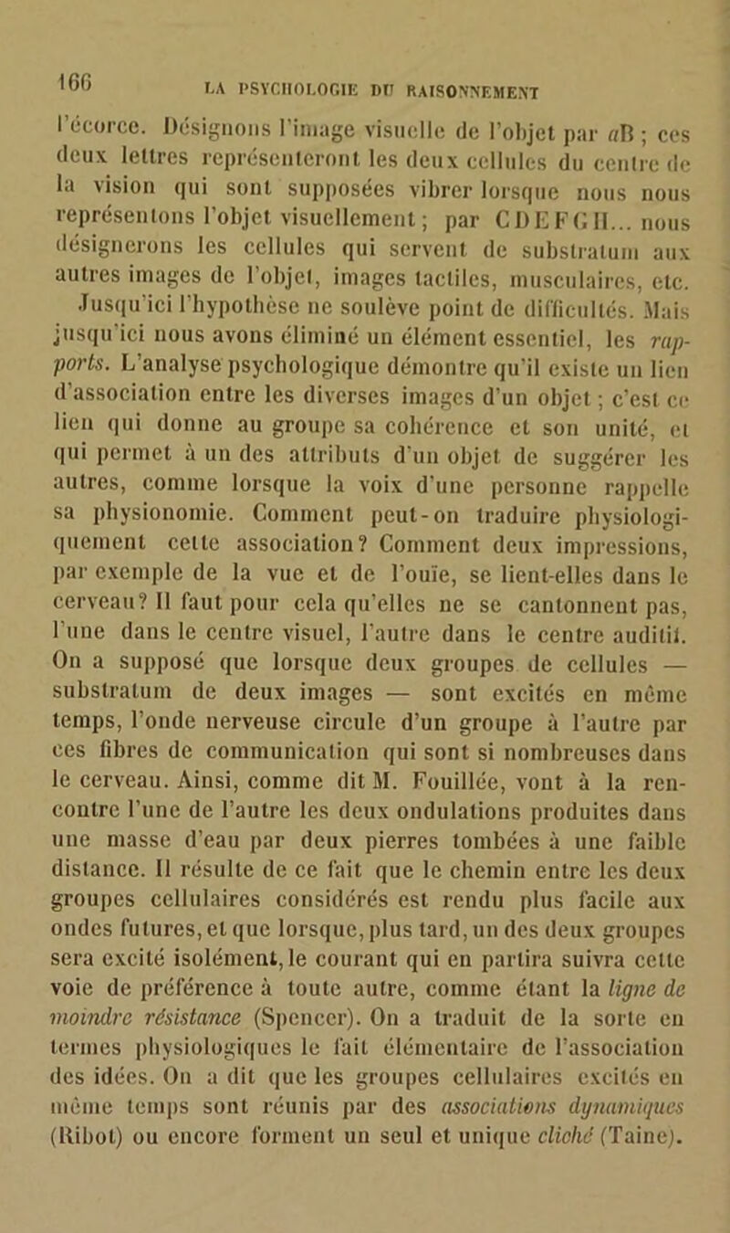 l’écorce. Désignons l’image visuelle de l’objet par oB ; ces deux lettres représenteront les deux cellules du centre de la vision qui sont supposées vibrer lorsque nous nous représentons l’objet visuellement; par CD EF G II... nous désignerons les cellules qui servent de substratum aux autres images de l’objet, images tactiles, musculaires, etc. Jusqu’ici l’hypothèse ne soulève point de difficultés. Mais jusqu’ici nous avons éliminé un élément essentiel, les rap- ports. L’analyse psychologique démontre qu'il existe un lien d association entre les diverses images d’un objet ; c’est ce lien qui donne au groupe sa cohérence et son unité, ci qui permet à un des attributs d'un objet de suggérer les autres, comme lorsque la voix d’une personne rappelle sa physionomie. Comment peut-on traduire physiologi- quement celle association? Comment deux impressions, par exemple de la vue et de l’ouïe, se lient-elles dans le cerveau? Il faut pour cela qu’elles ne se cantonnent pas, l’une dans le centre visuel, l'autre dans le centre auditil. On a supposé que lorsque deux groupes de cellules — substratum de deux images — sont excités en même temps, Fonde nerveuse circule d’un groupe à l’autre par ces fibres de communication qui sont si nombreuses dans le cerveau. Ainsi, comme dit M. Fouillée, vont à la ren- contre l’une de l’autre les deux ondulations produites dans une masse d’eau par deux pierres tombées à une faible distance. Il résulte de ce fait que le chemin entre les deux groupes cellulaires considérés est rendu plus facile aux ondes futures, et que lorsque, plus lard, un des deux groupes sera excité isolément, le courant qui en partira suivra cette voie de préférence à toute autre, comme étant la ligne do moindre résistance (Spencer). On a traduit de la sorte en termes physiologiques le fait élémentaire de l’association des idées. On a dit que les groupes cellulaires excités en même temps sont réunis par des associations dynamiques (Ribol) ou encore forment un seul et unique cliché (Taine).