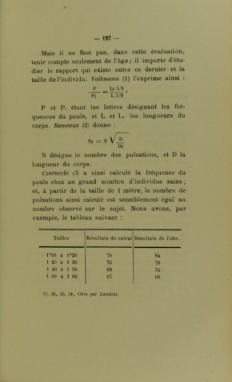 Mais il ne faut pas, dans cette évaluation, tenir compte seulement de l'âge; il importe d'étu- dier le rapport qui existe entie ce dernier et la taille de l'individu. Volkmann (1) l'exprime ainsi : P ^ Li 5/9 ^ Pi L 5/9 ' P et Pi étant les lettres désignant les fré- quences du pouls, et L et Li les longueurs du corps. Rameaux (2) donne : Ni = N Di N désigne le nombre des pulsations, et D la longueur du corps. Czarnecki [S] a ainsi calculé la fréquence du pouls chez un grand nombre d'individus sains; et, à partir de la taille de 1 mètre, le nombre de pulsations ainsi calculé est sensiblement égal au nombre observé sur le sujet. Nons avons, par exemple, le tableau suivant : Tailles Résultats du calcul Résultats de l'obs. 1 '10 à l-ËO 78 84 1 20 à 1 30 75 78 1 40 à 1 50 69 74 1 50 à 1 60 67 68 (1). (2), (3), (4), Cités par Landais.