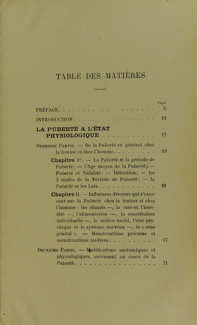 TABLE DES MATIÈRES PRÉFACE • • INTRODUCTION LA PUBERTÉ A L'ÉTAT PHYSIOLOGIQUE Première Partie. — De la Puberté en général chez la femme et chez l'homme Chapitre — La Puberté et la période de Puberté ; — l'Age moyen de la Puberté ; — Puberté et Nubilité; — Définition; — les 3 stades de la Période de Puberté; — la Puberté et les Lois Chapitre IL — Influences diverses qui s'exer- cent sur la Puberté chez la femme et chez l'homme : les climats —, la race et l'héré- dité —, l'alimentation —, la constitution . individuelle —, le milieu social, l'état psy- chique et le système nerveux —, le « sens génital », — Menstruations précoces et menstruations tardives Deuxième Partie. — ÏMfeDdifications anatomiques et physiologiques, survenant au cours de la Puberté