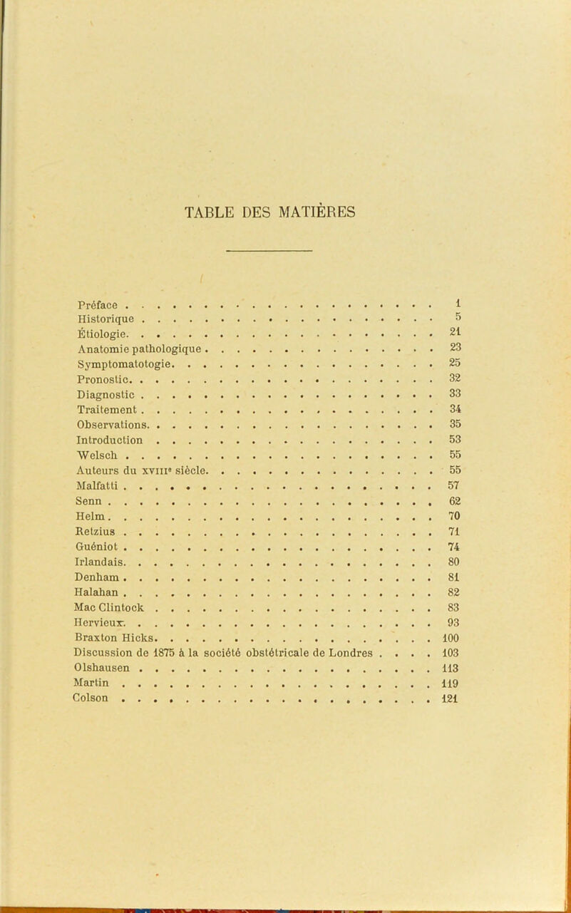 TABLE DES MATIÈRES Préface 1 Historique 5 Étiologie 21 Anatomie pathologique 23 Symptomatotogie 25 Pronostic 32 Diagnostic 33 Traitement 34 Observations 35 Introduction 53 Welsch 55 Auteurs du xvm» siècle 55 Malfatti 57 Senn 62 Helm 70 Retzius 71 Guéniot 74 Irlandais 80 Denham 81 Halahan 82 Mac Clintock 83 Hervieux-. 93 Braxton Hicks 100 Discussion de 1875 à la société obstétricale de Londres .... 103 Olshausen 113 Martin 119 Colson 121