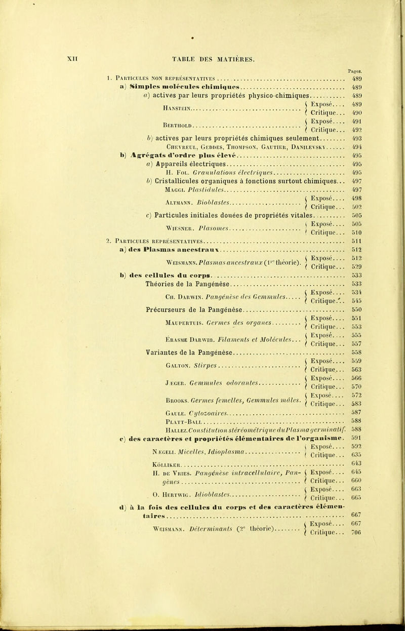 Altmann. Biohlasles. 1. PAin'ICUMÎS NON REPRÉSENTATIVKS .... 489 a) Simples molécules chimiques 489 o) actives par leurs propriétés physico-chimiques 489 ^ Exposé 489 Hakstein \ „ .'. „ ( Exposé 491 Bertiiold \ „ .'. . &) actives par leurs propriétés chimiques seulement 493 Chevreul, Geddes, Thompson, Gautier, Danilevsry 494 1») Agrcgfats «l'ordre plus éleyé 495 o) Appareils électriques 495 II. Fol. Granulations électriques 495 II) Cristallicules organiques à fonctions surtout chimiques... 497 Maggi. Plaslidules 497 Exposé 498 Critique... .502 c) Particules initiales douées de propriétés vitales 505 „, r,i \ Eïposé 505 WiESNEK. Plasoines A- i Critique... 510 2. Particules représentatives 511 a) «les Plasmas aucestraux 512 . ■ ■ ^ ^ Exposé.... 512 VfEisw\7i!i. Plasmasancestravor, (U théorie). „ ... ^ ( Critique... 529 b) des cellules du corps. , 533 Théories de la Pangénèse 533 ^posé 534 itique.'.. 545 Précurseurs de la Pangénèse 550 Exposé 551 Critique... 553 Erasme Darwiii. Filaments et Molécules... ] ^^F,?^' ' ' ' ilique... 557 Variantes de la Pangénèse 558 Exposé.... 5.'j9 Critique... 563 ( Exposé 566 JiîGER. Gemmules odorantes ] ^ ... ( Critique... 570 ( Exposé.... 572 Bkookh. Germes femelles. Gemmules maies, j ... ^ ' ' ( uritiquc... aoo Gaule. C ijlozoaires 587 Platt-Ball 588 WM.LE7,.CnnstitutionsléréométriqueduPlasma(jerminalif. 588 c) des caractères et propriétés élémentaires de l'org'aiiisme. 591 ( Exposé 592 ^i r.GEU. Micelles, Idiopln.sma ^ Critique 635 Kolliker ''43 H. de Vries. Pangénèse intracellulaire, Pan- ( Exposé 645 gènes ( Critique... 660 Exposé 063 Critique... 665 d) à la fois des cellules du corps et des caractères élémeu- taires 667 , . . ^ C Exposé 067 Weismann. Déterminants Çi llieone) | Critique 706 ! £ X PO' Cil. Darwin. Pangénèse des Gemmules | Critic irseurs de la Pangénèse Maupertuis. Germes des organes | Exp. ( Ci'il Galton. Sfirpes | 0. Hertwig. Idioblastes.