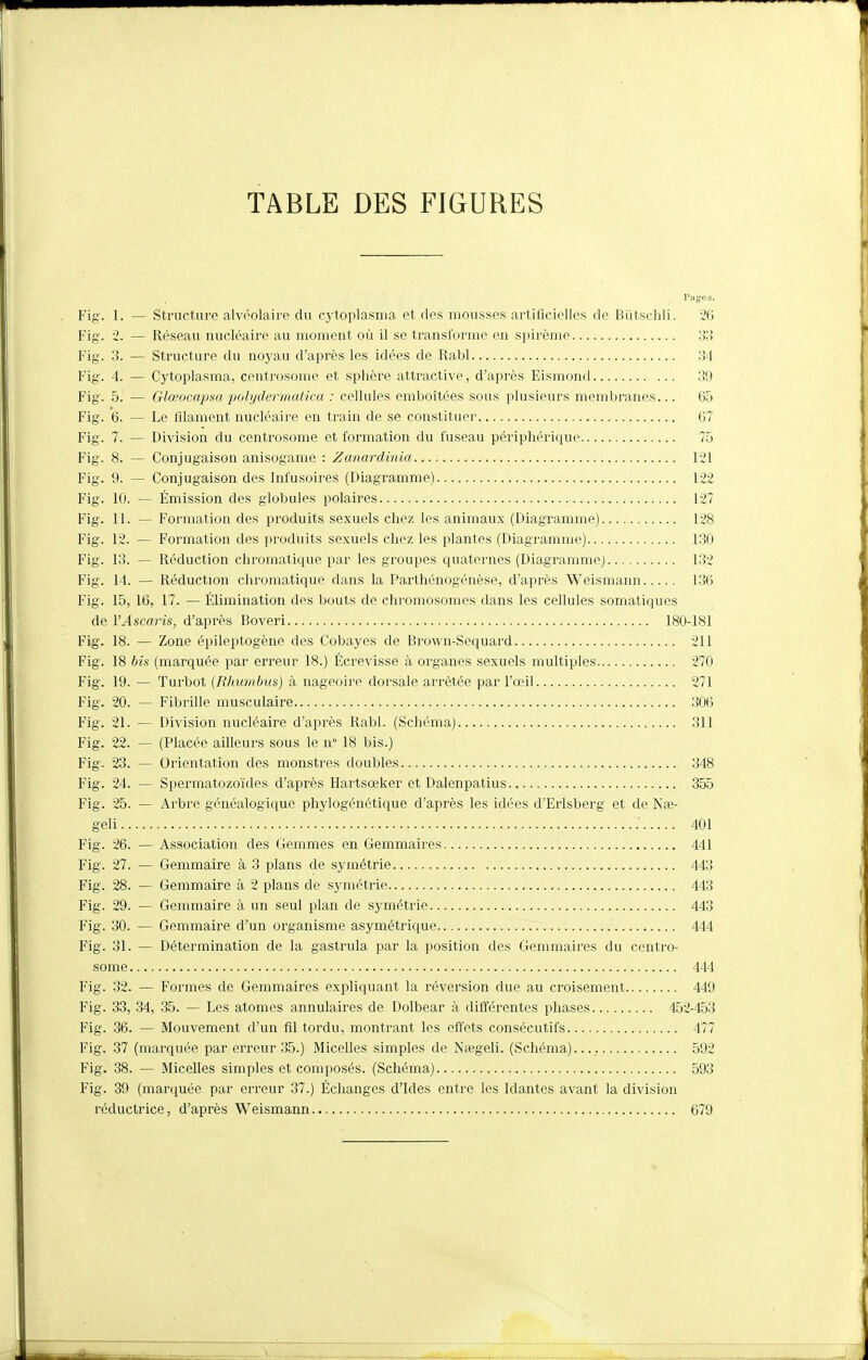 TABLE DES FIGURES Fig. 1. — Structure alvôolaire du cytoplasma et des mousses artificielles de Butscliil. ■2i> Fig. 2. — Réseau nucléaire au moment où il se transforme en spirènie ;>J Fig. 3. — Structure du noj^au d'après les idées de Rabl 34 Fig. 4. — Cytoplasma, centrosome et sphèi'e attractive, d'après Eismond .39 Fig. 5. — Glœocapsa polydcrmatica : cellules emboîtées sous plusieurs membranes... 65 Fig. 6. — Le filament nucléaire en train de se constituer 67 Fig. 7. — Division du centrosome et formation du fuseau périphérique 75 Fig. 8. — Conjugaison anisogame : Zanardinia 121 Fig. 9. — Conjugaison des Infusoires (Diagramme) 122 Fig. 10. — Émission des globules polaires 127 Fig. 11. — Formation des produits sexuels chez les animaux (Diagramme) 128 Fig. 12. — Formation des produits sexuels chez les plantes (Diagramme) 130 Fig. 13. — Réduction chromatique par les groupes quaternes (Diagramme) 132 Fig. 14. — Réduction chromatique dans la Parthénogénèse, d'après M^eismann 136 Fig. 15, 16, 17. — Élimination des bouts de chromosomes dans les cellules somatiques de VAscaris, d'après Boveri 180-181 Fig. 18. — Zone épileptogène des Cobayes de Brown-Sequard 211 Fig. 18 bis (marquée par erreur 18.) Écrevisse à organes sexuels multiples 270 Fig. 19. — Turbot (Rhumbus) à nageoire dorsale arrêtée par l'œil 271 Fig. 20. — Fibrille musculaire 306 Fig. 21. — Division nucléaire d'après Rabl. (Schéma) 311 Fig. 22. — (Placée ailleurs sous le n° 18 bis.) Fig. 23. — Orientation des monstres doubles 348 Fig. 24. — Spermatozoïdes d'après Hartsœker et Dalenpatius 355 Fig. 25. — Arbre généalogique phylogénétique d'après les idées d'Erlsberg et de Nœ- geli 401 Fig. 26. — Association des Gemmes en Gemmaires 441 Fig. 27. — Gemmaire à 3 plans de symétrie 443 Fig. 28. — Gemmaire à 2 plans de symétrie 443 Fig. 29. — Gemmaire à un seul plan de symétrie 443 Fig. 30. — Gemmaire d'un organisme asymétrique 444 Fig. 31. — Détermination de la gastrula par la position des Gemmaires du centro- some 444 Fig. 32. — Formes de Gemmaires expliquant la réversion due au croisement 449 Fig. 33, 34, 35. — Les atomes annulaires de Dolbear à différentes phases 452-453 Fig. 36. — Mouvement d'un fil tordu, montrant les effets consécutifs 477 Fig. 37 (marquée par erreur 35.) Micelles simples de Nœgeli. (Schéma). 592 Fig. 38. — Micelles simples et composés. (Schéma) 593 Fig. 39 (marquée par erreur 37.) Échanges d'Ides entre les Idantes avant la division réductrice, d'après Weismann 679