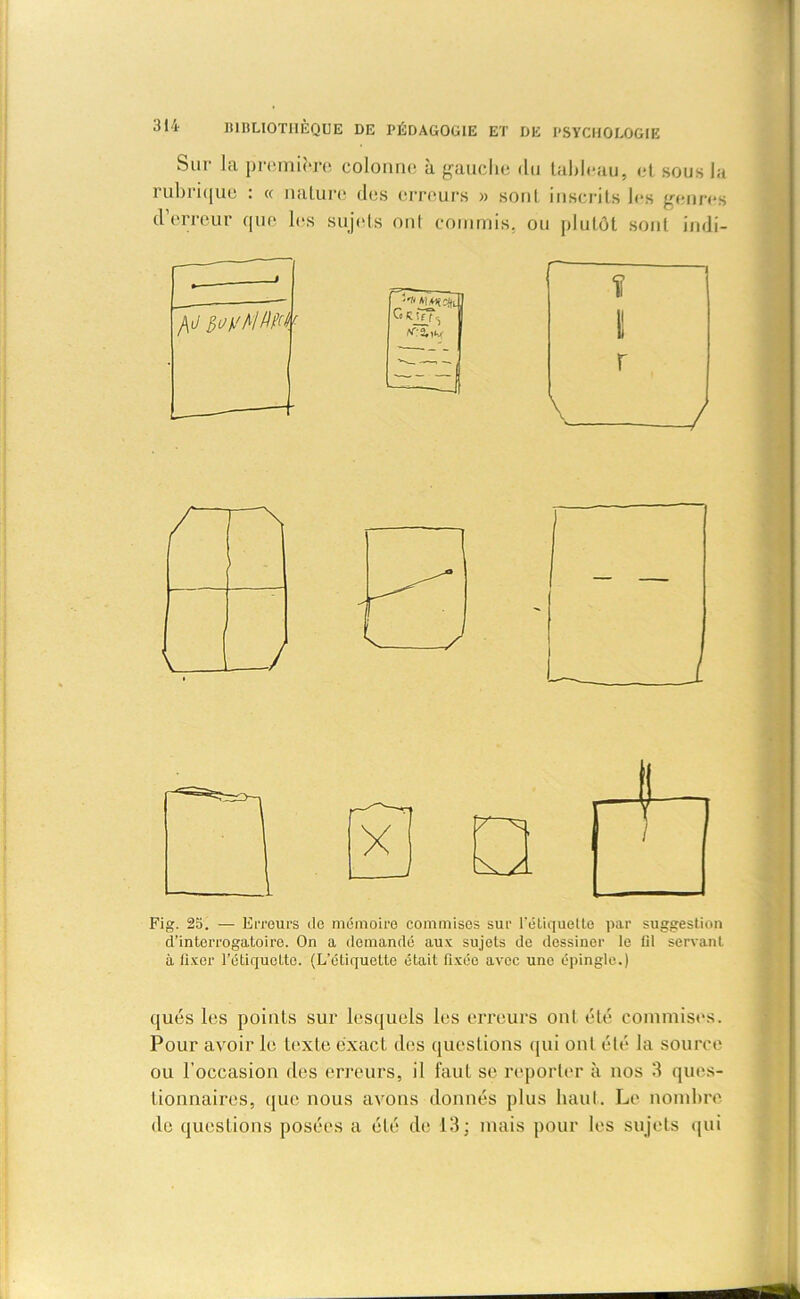 Sur la première colonne à gauche du tableau, et sous la rubrique : « nature des erreurs » sont inscrits les genres d’erreur que les sujets on) commis, ou plutôt sont indi- Fig. 23. — Erreurs de mémoire commises sur l’étiquette par suggestion d’interrogatoire. On a demandé aux sujets de dessiner le fil servant à fixer l’étiquette. (L’étiquette était fixée avec une épingle.) qués les points sur lesquels les erreurs ont été commises. Pour avoir le texte exact des questions qui ont élé la source ou l'occasion des erreurs, il faut se reporter à nos 3 ques- tionnaires, que nous avons donnés plus haut. Le nombre de questions posées a élé de 13; mais pour les sujets qui