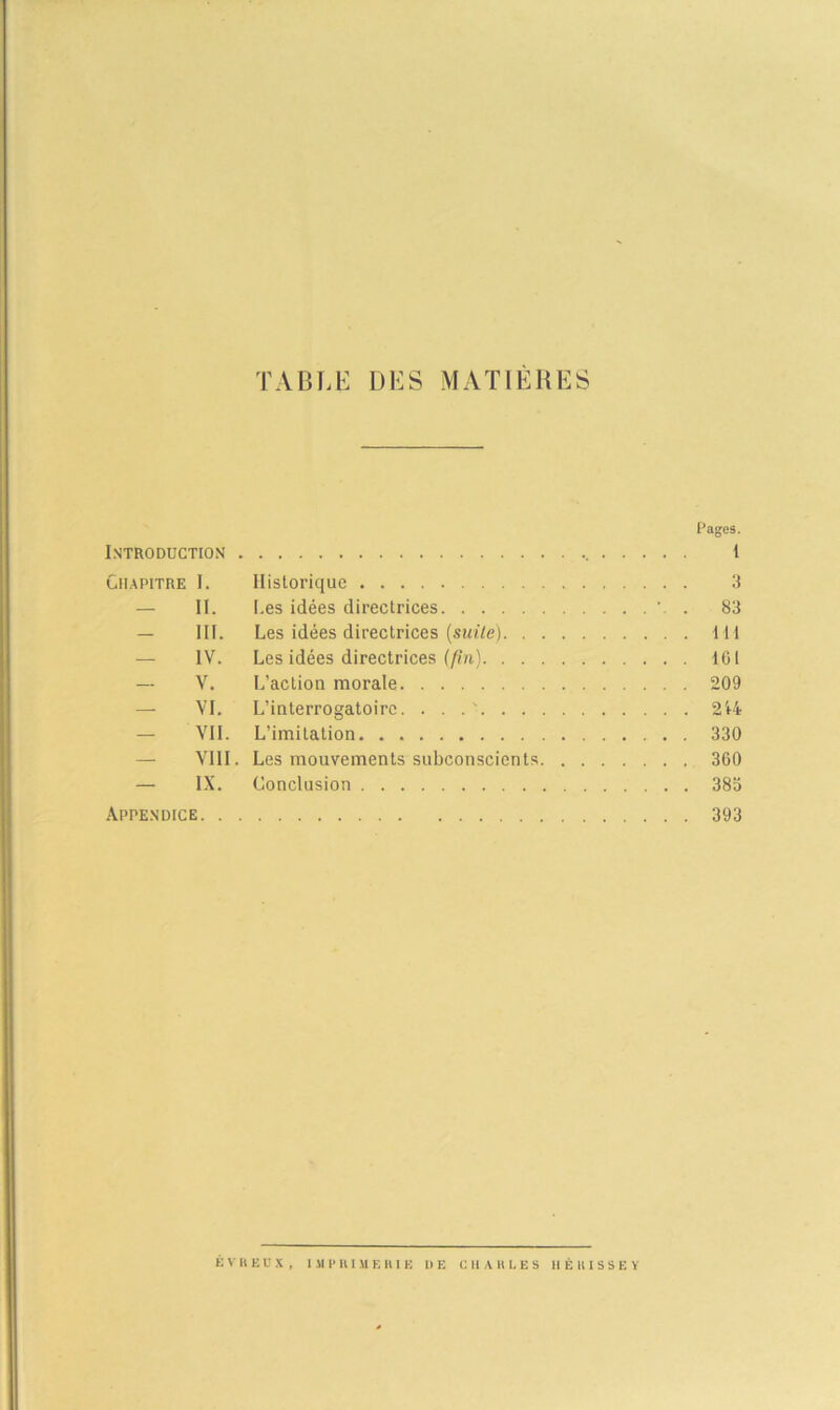 TABLE DES MATIÈRES Pages. Introduction 1 Chapitre I. Historique 3 II. Les idées directrices . 83 — III. Les idées directrices (suite) lil IV. Les idées directrices (fin) 161 — V. L’action morale 209 — VI. L’interrogatoire. . . . ' 214 VII. L’imitation 330 VIII. Les mouvements subconscients 360 — IX. Conclusion 385 Appendice 393 É V U E ü X , I M l> lt I \1 E HI E UE CHAULES II É RI S S E Y