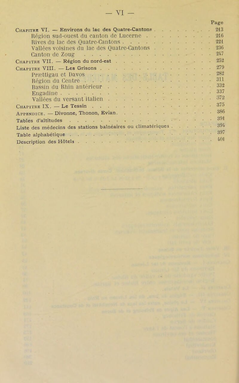 Chapitre VI. — Environs du lac des Quatre-Cantons . Région sucl-ouest du canton de Lucerne . . Rives du lac des Quatre-Cantons Vallées voisines du lac des Quatre-Cantons . Canton de Zoug Chapitre VII. — Région du nord-est Chapitre VIII. —Les Grisons Prættigau et Davos Région du Centre Dassin du Rhin antérieur Engadine Vallées du versant italien Chapitre IX. — Le Tessin Appendice. —Divonne, Thonon, Evian Tables d'altitudes Liste des médecins des stations balnéaires ou climatériques Table alphabétique Description des Hôtels Page 213 216 221 23G 217 . 232 , 279 , 282 . 311 . 332 . 337 . 372 373 . 386 . 391 . 39.1 . 397 . 101