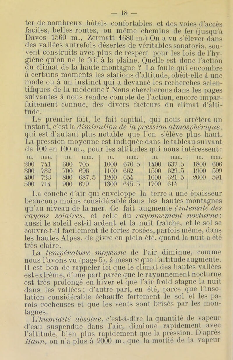 IS — ter de nombreux hôtels confortables et des voies d’accès faciles, belles routes, ou même chemins de fer (jusqu’à Davos 1560 m., Zermatt 1680 m.) On a vu s’élev'ei- dans des vallées autrefois désertes de véritables sanatoria. sou- vent construits avec plus de respect pour les lois de l’hy- giène qu’on ne le fait à la plaine. Quelle est donc l’action du climat de la haute montagne ? La foule qui encombre à certains moments les stations d’altitude, obéit-elle à une mode ou à un instinct qui a devancé les recherches scien- tifiques de la médecine? Nous chercherons dans les pages suivantes à nous rendre compte de l’action, encore impar- faitement connue, des divers facteurs du climat d’alti- tude. Le premier fait, le fait capital, qui nous arrêtera un instant, c’est la diminution de la précision atmosphérique, qui est d’autant plus notable que l’on s’élève plus haut. La pression moyenne est indiquée dans le tableau suivant de 100 en 100 m., pour les altitudes qui nous intéressent; ni. mm. m. mm. m. mm. m. mm. m. mm. 200 741 600 705 1000 670.5 1400 637.5 1800 606 600 732 700 696 1100 662 1500 629.5 1900 599 400 7;23 800 687.5 1200 654- 1600 621.5 2000 591 ;500 714 900 679 1300 645.5 1700 614 La couche d’air qui enveloppe la terre a une épaisseur beaucoup moins considérable dans les hautes montagnes qu’au niveau de la mer. Ce fait augmente l’intensité des rayons solaires, et celle du rayonnement nocturne'. aussi le soleil est-il ardent et la nuit fraîche, et le sol se couvre-t-il facilement de fortes rosées, parfois même, dans les hautes Alpes, de givre en plein été, quand la nuit a été très claire. La température moyenne de l’air diminue, comme nous l’avons vu (page 5), à mesure que l’altitude augmente. Il est bon de rappeler ici que le climat des hautes vallées est extrême, d’une part parce que le rayonnement nocturne est très prolongé en hiver et que l’air froid stagne la nuit dans les vallées ; d’autre part, en été, parce que l’inso- lation considérable échauffe fortement le sol et les pa- rois rocheuses et que les vents sont brisés par les mon- tagnes. [jhunnidité absolue, c’est-à-dire la quantité de vapeur il’eau suspendue dans Fair, diminue rapidement avec- l’altitnde, bien plus rapidement que la pression. D après Ilann, on n’a plus à ‘2000 m. que la moitié de la vapeur