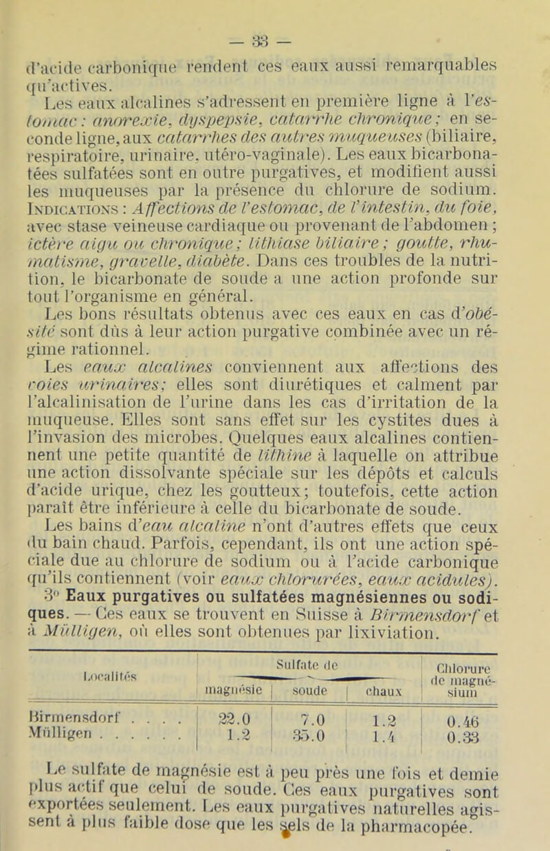 d’iicide carbonique rendent ces eanx aussi remarquables qu’actives. Les eaux alcalines s’adressent en première ligne à l’e-s- to/uac : anm-'exie, dyspepsie, catarrhe chronique ; en se- conde ligne, aux catarrhes des autres muq;ueuses (biliaire, respiratoire, urinaire, utéro-vaginale). Les eaux bicarbona- tées sulfatées sont en outre purgatives, et modifient aussi les muqueuses par la présence du chlorure de sodium. L\dic.\tioxs : A ffections de l’estomac, de l’intestin, du foie, avec stase veineuse cardiaque ou provenant de l’abdomen ; ictère aigu ou chronique; lithiase hîliaire ; goutte, rhu- matisme, grarelle, diabète. Dans ces troubles de la nutri- tion, le bicarbonate de soude a une action profonde sur tout l’organisme en général. Les bons résultats obtenus avec ces eaux en cas d’obé- sité sont dûs à leur action purgative combinée avec un ré- gime rationnel. Les eaux alcalines conviennent aux affections des roies urinaires; elles sont diurétiques et calment par l’alcalinisation de l’urine dans les cas d’irritation de la muqueuse. Elles sont sans effet sur les cystites dues à l’invasion des microbes. Quelques eaux alcalines contien- nent une petite quantité de lithine à laquelle on attribue une action dissolvante spéciale sur les dépôts et calculs d’acide urique, chez les goutteux; toutefois, cette action paraît être inférieure à celle du bicarbonate de soude. Les bains d’eau alcaline n’ont d’autres effets que ceux du bain chaud. Parfois, cependant, ils ont une action spé- ciale due au chlorure de sodium ou à l’acide carbonique qu’ils contiennent (voir ea;ux chlomirées, eaux acidulés). 3 Eaux purgatives ou sulfatées magnésiennes ou sodi- ques. — Ces eaux se trouvent en Suisse à Birmensdorf ei à Müliigen, où elles sont obtenues par lixiviation. I.OCÎllifÔS Sulfate lie CI dorure (le magné- sium magnésie soude 1 chau.x Hirmerisdorf .... .\Inllif(en 22.0 1.2 7.0 1.2 •3j.O ' f./i 0.46 o.st Le sulfate de magnésie est à peu près une fois et demie plus actif que celui de soude. Ces eaux purgatives sont exportées seulement. Les eaux purgatives naturelles agis- sent à plus faible dose que les ij^ls de la pharmacopée.