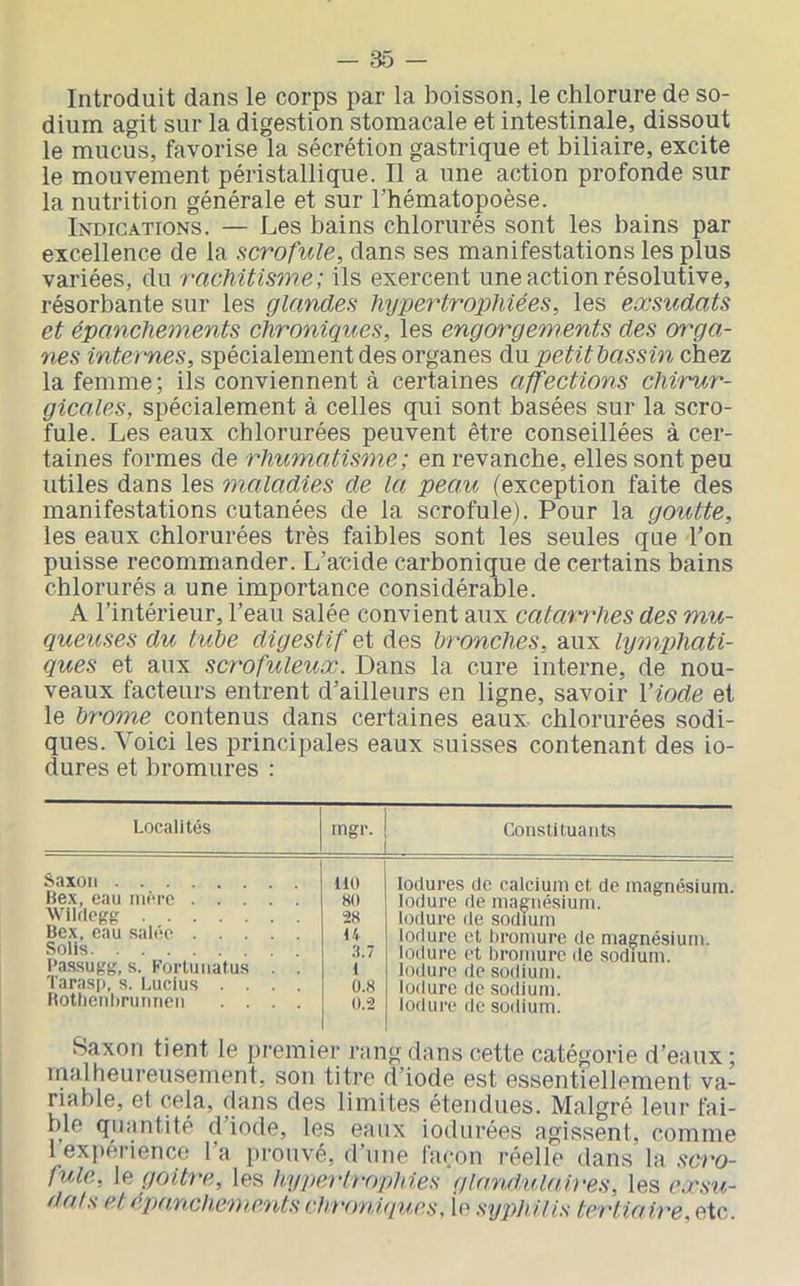 Introduit dans le corps par la boisson, le chlorure de so- dium agit sur la digestion stomacale et intestinale, dissout le mucus, favorise la sécrétion gastrique et biliaire, excite le mouvement péristaltique. Il a une action profonde sur la nutrition générale et sur l’hématopoèse. Indications. — Les bains chlorurés sont les bains par excellence de la scrofule, dans ses manifestations les plus variées, du rachitisme; ils exercent une action résolutive, résorbante sur les glandes hypertrophiées, les eœsudats et épanchements chroniques, les engorgements des maga- nes internes, spécialement des organes du petithassin chez la femme ; ils conviennent à certaines affections chvrvm- gicales, spécialement à celles qui sont basées sur la scro- fule. Les eaux chlorurées peuvent être conseillées à cer- taines formes de rhumatisme; en revanche, elles sont peu utiles dans les maladies de la peau (exception faite des manifestations cutanées de la scrofule). Pour la goutte, les eaux chlorurées très faibles sont les seules que Ton puisse recommander. L’acide carbonique de certains bains chlorurés a une importance considérable. A l’intérieur, l’eau salée convient aux catarrhes des mu- queuses du tuhe digestif et des bronches, aux ly7nphati- ques et aux scrofuleux. Dans la cure interne, de nou- veaux facteurs entrent d’ailleurs en ligne, savoir Viode et le brome contenus dans certaines eaux chlorurées sodi- ques. Voici les principales eaux suisses contenant des in- durés et bromures : Localités mgr. Constituants Saxon Bex, eau mère Wilrtegg Bex, eau salée Solis Passugg, s. Kortuuatus . . Tarasp, s. Lucius .... Botlienhrurmeii .... 110 80 28 U :l7 1 0.8 0.2 lodures de calcium et de magnésium. lodure de magnésium. lodure de sodium lodure et hromure de magnésium. lodure et bromure de sodium. lodure de sodium. lodure de sodium. lodure de sodium. Saxon tient le premier rang dans cette catégorie d’eaux ; malheureusement, son titre d’iode est essentiellement va- rifible, et cela, clans des limites étendues. Malgré leur fai- ble qiuintité diode, les eaux iodurées agissent, comme 1 expérience 1 a prouvé, crune laçon réelle dans la fuie, le goitre, les hypertrophies qUmdulah'es, les exsu- dai s (>tépanchenmüs chroniques, ie syphilis tertiaire, etc.