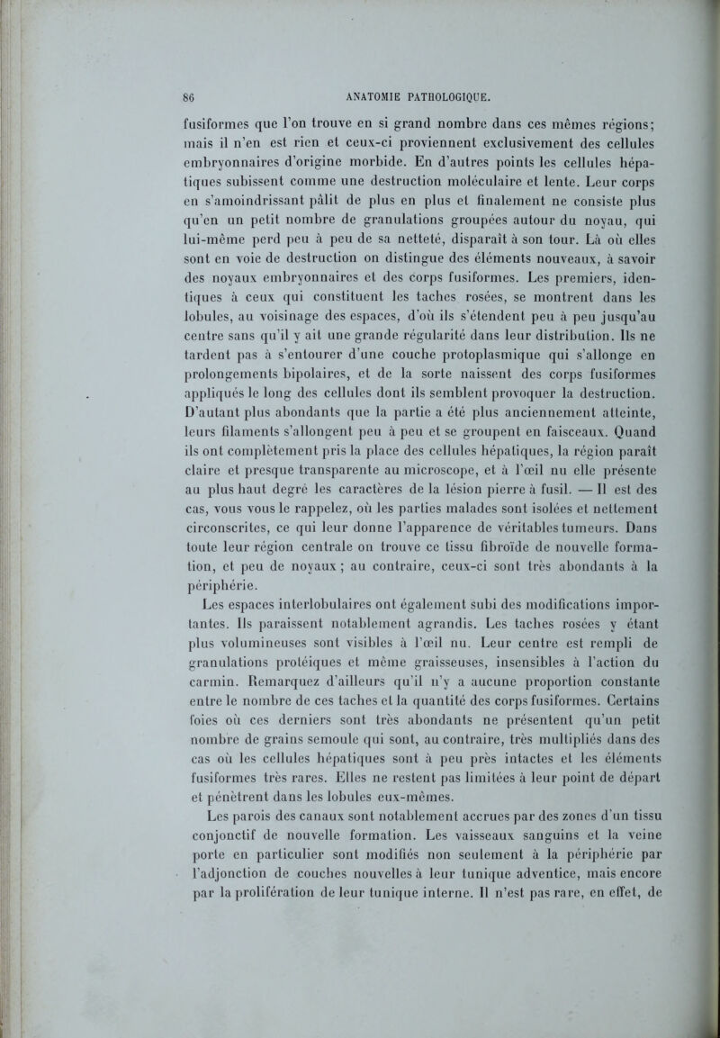fusiformes que l’on trouve en si grand nombre dans ces mêmes régions; mais il n’en est rien et ceux-ci proviennent exclusivement des cellules embryonnaires d’origine morbide. En d’autres points les cellules hépa- tiques subissent comme une destruction moléculaire et lente. Leur corps en s’amoindrissant pâlit de plus en plus et finalement ne consiste plus qu’en un petit nombre de granulations groupées autour du noyau, qui lui-même perd peu à peu de sa netteté, disparaît à son tour. Là où elles sont en voie de destruction on distingue des éléments nouveaux, à savoir des noyaux embryonnaires et des corps fusiformes. Les premiers, iden- tiques à ceux qui constituent les taches rosées, se montrent dans les lobules, au voisinage des espaces, d’où ils s’étendent peu à peu jusqu’au centre sans qu’il y ait une grande régularité dans leur distribution. Ils ne tardent pas à s’entourer d’une couche protoplasmique qui s’allonge en prolongements bipolaires, et de la sorte naissent des corps fusiformes appliqués le long des cellules dont ils semblent provoquer la destruction. D’autant plus abondants que la partie a été plus anciennement atteinte, leurs filaments s’allongent peu à peu et se groupent en faisceaux. Quand ils ont complètement pris la place des cellules hépatiques, la région paraît claire et presque transparente au microscope, et à l’œil nu elle présente au plus haut degré les caractères de la lésion pierre à fusil. — 11 est des cas, vous vous le rappelez, où les parties malades sont isolées et nettement circonscrites, ce qui leur donne l’apparence de véritables tumeurs. Dans toute leur région centrale on trouve ce tissu fibroïde de nouvelle forma- tion, et peu de noyaux; au contraire, ceux-ci sont très abondants à la périphérie. Les espaces interlobulaires ont également subi des modifications impor- tantes. Ils paraissent notablement agrandis. Les taches rosées y étant plus volumineuses sont visibles à l’œil nu. Leur centre est rempli de granulations protéiques et même graisseuses, insensibles à l’action du carmin. Remarquez d’ailleurs qu’il n’y a aucune proportion constante entre le nombre de ces taches et la quantité des corps fusiformes. Certains foies où ces derniers sont très abondants ne présentent qu’un petit nombre de grains semoule qui sont, au contraire, très multipliés dans des cas où les cellules hépatiques sont à peu près intactes et les éléments fusiformes très rares. Elles ne restent pas limitées à leur point de départ et pénètrent dans les lobules eux-mêmes. Les parois des canaux sont notablement accrues par des zones d'un tissu conjonctif de nouvelle formation. Les vaisseaux sanguins et la veine porte en particulier sont modifiés non seulement à la périphérie par l’adjonction de couches nouvelles à leur tunique adventice, mais encore par la prolifération de leur tunique interne. Il n’est pas rare, en effet, de