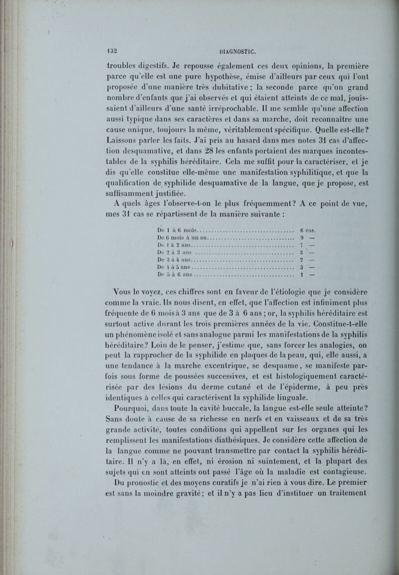 troubles digestifs. Je repousse également ces deux opinions, la première parce qu’elle est une pure hypothèse, émise d’ailleurs par ceux qui l’ont proposée d’une manière très dubitative ; la seconde parce qu’un grand nombre d’enfants que j’ai observés et qui étaient atteints de ce mal, jouis- saient d’ailleurs d’une santé irréprochable. 11 me semble qu’une affection aussi typique dans ses caractères et dans sa marche, doit reconnaître une cause unique, toujours la même, véritablement spécifique. Quelle est-elle? La issons parler les faits. J’ai pris au hasard dans mes notes 31 cas d’affec- tion desquamative, et dans 28 les enfants portaient des marques incontes- tables de la syphilis héréditaire. Cela me suffit pour la caractériser, et je dis qu’elle constitue elle-même une manifestation syphilitique, et que la qualification de syphilide desquamative de la langue, que je propose, est suffisamment justifiée. A quels âges l’ohserve-t-on le plus fréquemment? A ce point de vue, mes 31 cas se répartissent de la manière suivante : De 1 à G mois G cas. De G mois à un an 9 — De I à. 2 ans 7 — De 2 à 3 ans 3 — De 3 à 4 ans . 2 — De 4 à 5 ans 3 — De 5 à 6 ans t — Vous le voyez, ces chiffres sont en faveur de l’étiologie que je considère comme la vraie. Ils nous disent, en effet, que l’affection est infiniment plus fréquente de 6 moisà 3 ans que de 3 à 6 ans ; or, la syphilis héréditaire est surtout active durant les trois premières années de la vie. Constitue-t-elle un phénomène isolé et sans analogue parmi les manifestations de la syphilis héréditaire? Loin de le penser, j’estime que, sans forcer les analogies, on peut la rapprocher de la syphilide en plaques de la peau, qui, elle aussi, a une tendance à la marche excentrique, se desquame, se manifeste par- fois sous forme de poussées successives, et est histologiquement caracté- risée par des lésions du derme cutané et de l’épiderme, à peu près identiques à celles qui caractérisent la syphilide linguale. Pourquoi, dans toute la cavité buccale, la langue est-elle seule atteinte? Sans doute à cause de sa richesse en nerfs et en vaisseaux et de sa très grande activité, toutes conditions qui appellent sur les organes qui les remplissent les manifestations diathésiques. Je considère cette affection de la langue comme ne pouvant transmettre par contact la syphilis hérédi- taire. Il n’y a là, en effet, ni érosion ni suintement, et la plupart des sujets qui en sont atteints ont passé l’âge où la maladie est contagieuse. Du pronostic et des moyens curatifs je n’ai rien à vous dire. Le premier est sans la moindre gravité; et il n’y a pas lieu d’instituer un traitement