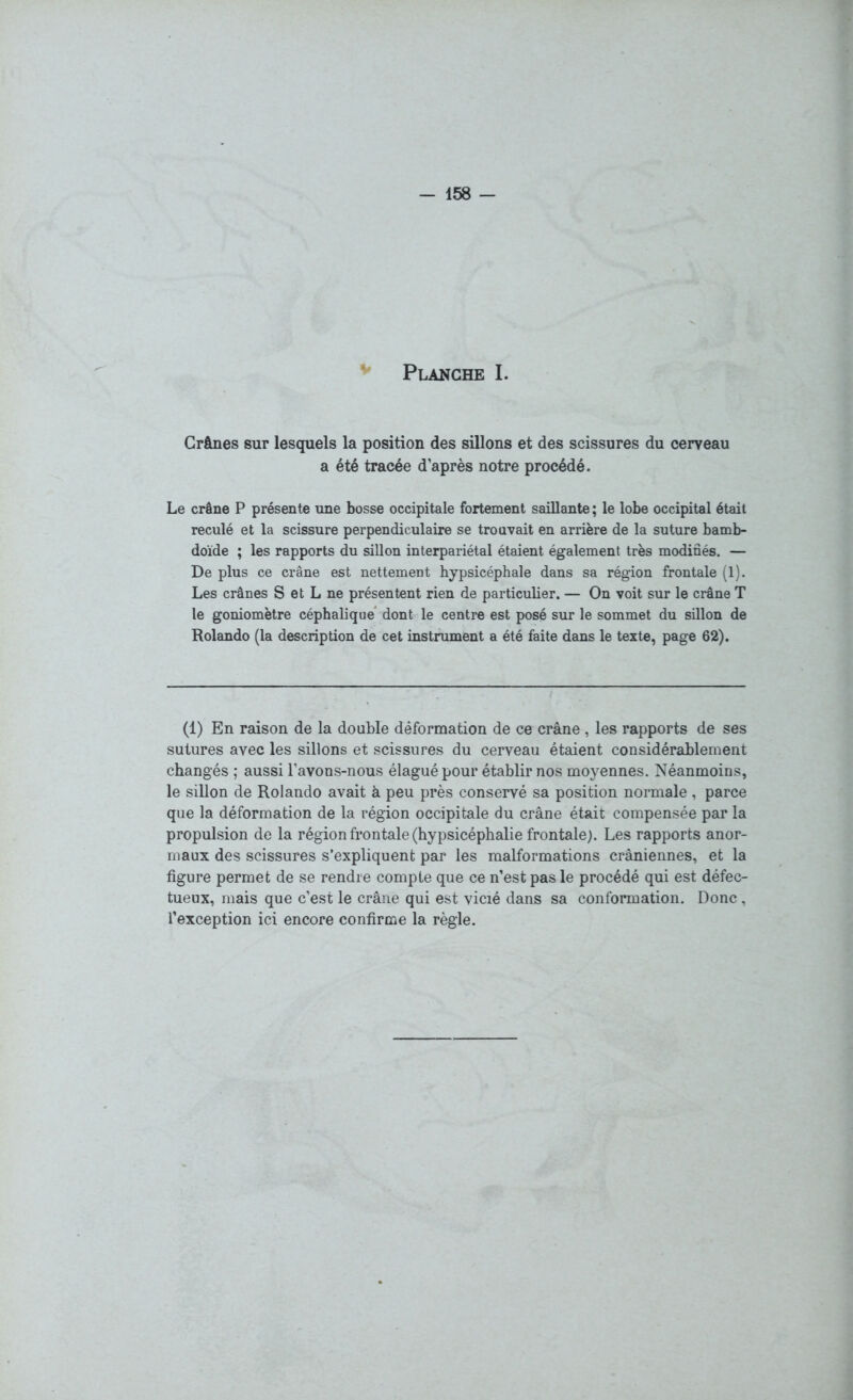 Planche I. Crânes sur lesquels la position des sillons et des scissures du cerveau a été tracée d’après notre procédé. Le crâne P présente une bosse occipitale fortement saillante ; le lobe occipital était reculé et la scissure perpendiculaire se trouvait en arrière de la suture bamb- doïde ; les rapports du sillon interpariétal étaient également très modifiés. — De plus ce crâne est nettement hypsicéphale dans sa région frontale (1). Les crânes S et L ne présentent rien de particulier. — On voit sur le crâne T le goniomètre céphalique dont le centre est posé sur le sommet du sillon de Rolando (la description de cet instrument a été faite dans le texte, page 62). (1) En raison de la double déformation de ce crâne , les rapports de ses sutures avec les sillons et scissures du cerveau étaient considérablement changés ; aussi Lavons-nous élagué pour établir nos moyennes. Néanmoins, le sillon de Rolando avait à peu près conservé sa position normale , parce que la déformation de la région occipitale du crâne était compensée par la propulsion de la région frontale (hypsicéphalie frontale;. Les rapports anor- maux des scissures s’expliquent par les malformations crâniennes, et la figure permet de se rendre compte que ce n’est pas le procédé qui est défec- tueux, mais que c’est le crâne qui est vicié dans sa conformation. Donc, l’exception ici encore confirme la règle.