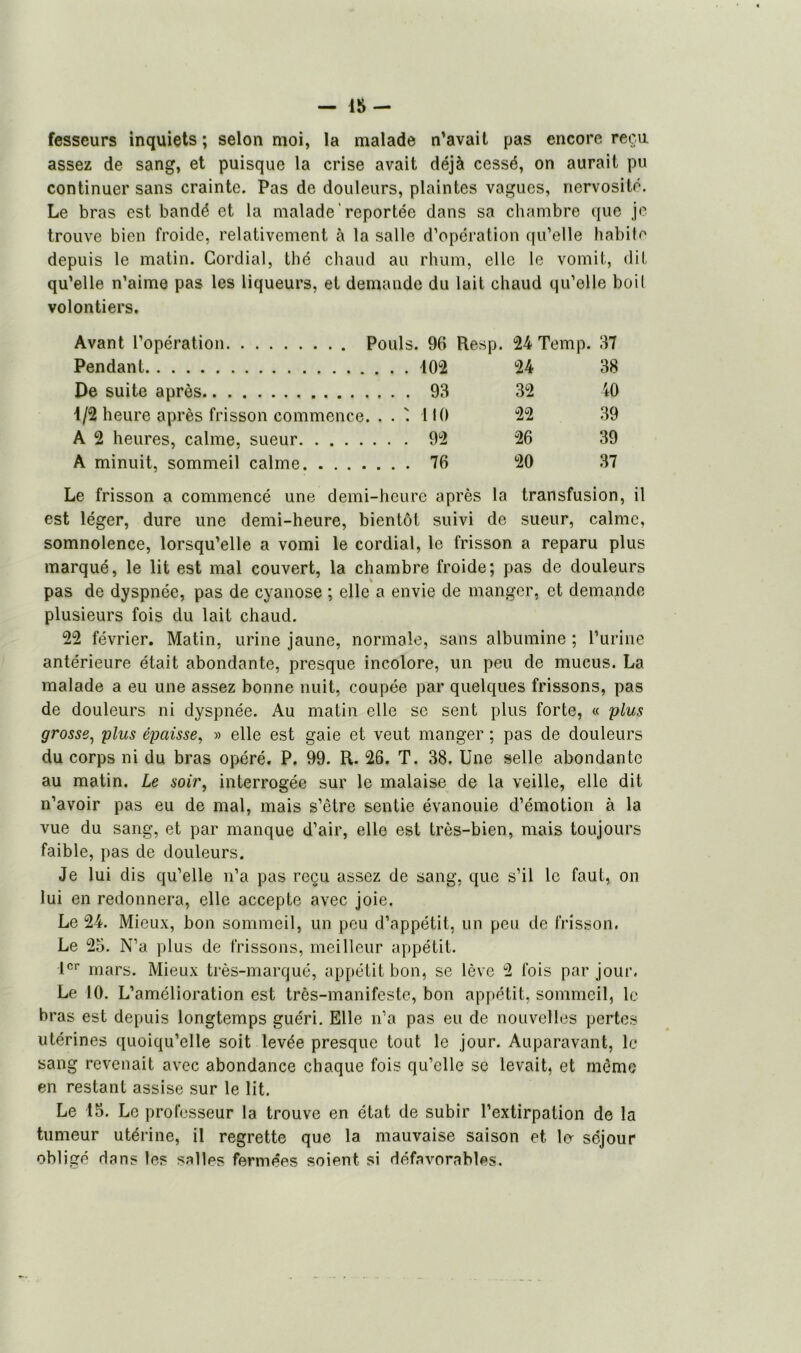 — 15- fesseurs inquiets; selon moi, la malade n’avait pas encore reçu assez de sang, et puisque la crise avait déjà cessé, on aurait pu continuer sans crainte. Pas de douleurs, plaintes vagues, nervosité. Le bras est bandé et la malade'reportée dans sa chambre que je trouve bien froide, relativement à la salle d’opération qu’elle habite depuis le matin. Cordial, thé chaud au rhum, elle le vomit, dit qu’elle n’aime pas les liqueurs, et demande du lait chaud qu’elle boit volontiers. Avant l’opération Pouls. 96 Resp. 24 Temp. 37 Pendant 24 38 De suite après 32 40 1/2 heure après frisson commence. . . : 110 22 39 A 2 heures, calme, sueur . . 92 26 39 A minuit, sommeil calme . . 76 20 37 Le frisson a commencé une demi-heure après la transfusion, il est léger, dure une demi-heure, bientôt suivi de sueur, calme, somnolence, lorsqu’elle a vomi le cordial, le frisson a reparu plus marqué, le lit est mal couvert, la chambre froide; pas de douleurs pas de dyspnée, pas de cyanose ; elle a envie de manger, et demande plusieurs fois du lait chaud. 22 février. Matin, urine jaune, normale, sans albumine ; l’urine antérieure était abondante, presque incolore, un peu de mucus. La malade a eu une assez bonne nuit, coupée par quelques frissons, pas de douleurs ni dyspnée. Au matin elle se sent plus forte, « plus grosse, plus épaisse, » elle est gaie et veut manger ; pas de douleurs du corps ni du bras opéré. P. 99. R. 26. T. 38. Une selle abondante au matin. Le soir, interrogée sur le malaise de la veille, elle dit n’avoir pas eu de mal, mais s’être sentie évanouie d’émotion à la vue du sang, et par manque d’air, elle est très-bien, mais toujours faible, pas de douleurs. Je lui dis qu’elle n’a pas reçu assez de sang, que s’il le faut, on lui en redonnera, elle accepte avec joie. Le 24. Mieux, bon sommeil, un peu d’appétit, un peu de frisson. Le 25. N’a plus de frissons, meilleur appétit. 1er mars. Mieux très-marqué, appétit bon, se lève 2 fois par jour. Le 10. L’amélioration est très-manifeste, bon appétit, sommeil, le bras est depuis longtemps guéri. Elle n’a pas eu de nouvelles pertes utérines quoiqu’elle soit levée presque tout le jour. Auparavant, le sang revenait avec abondance chaque fois qu’elle se levait, et même en restant assise sur le lit. Le 15. Le professeur la trouve en état de subir l’extirpation de la tumeur utérine, il regrette que la mauvaise saison et ln séjour obligé dans les salles fermées soient si défavorables.