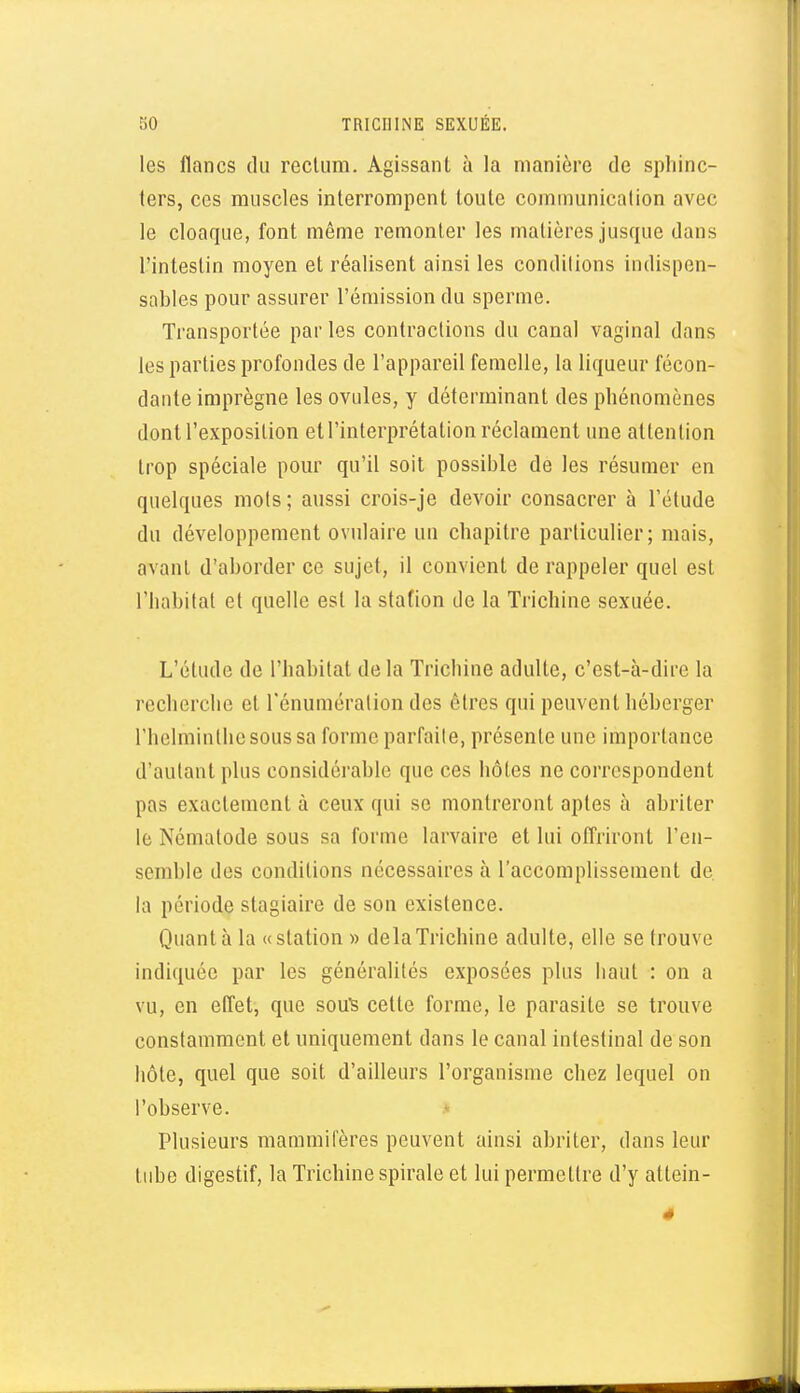 les flancs du rectum. Agissant à la manière de sphinc- ters, ces muscles interrompent toute communication avec le cloaque, font même remonter les matières jusque dans l'intestin moyen et réalisent ainsi les conditions indispen- sables pour assurer l'émission du sperme. Transportée par les contractions du canal vaginal dans les parties profondes de l'appareil femelle, la liqueur fécon- dante imprègne les ovules, y déterminant des phénomènes dont l'exposition et l'interprétation réclament une attention trop spéciale pom^ qu'il soit possible de les résumer en quelques mots ; aussi crois-je devoir consacrer à l'étude du développement ovulaire un chapitre particulier; mais, avant d'aborder ce sujet, il convient de rappeler quel est l'habitat et quelle est la station de la Trichine sexuée. L'étude de l'habitat delà Trichine adulte, c'est-à-dire la recherche et Ténumération des êtres qui peuvent héberger rhclminthesoussa forme parfaile, présente une importance d'autant plus considérable que ces hôtes ne correspondent pas exactement à ceux qui se montreront aptes à abriter le Nématode sous sa forme larvaire et lui offriront l'en- semble des conditions nécessaires à l'accomplissement de la période stagiaire de son existence. Quanta la «station » delà Trichine adulte, elle se trouve indiquée par les généralités exposées plus haut : on a vu, en effet, que sou^ cette forme, le parasite se trouve constamment et uniquement dans le canal intestinal de son hôte, quel que soit d'ailleurs l'organisme chez lequel on l'observe. Plusieurs mammifères peuvent ainsi abriter, dans leur tube digestif, la Trichine spirale et lui permettre d'y attein- é