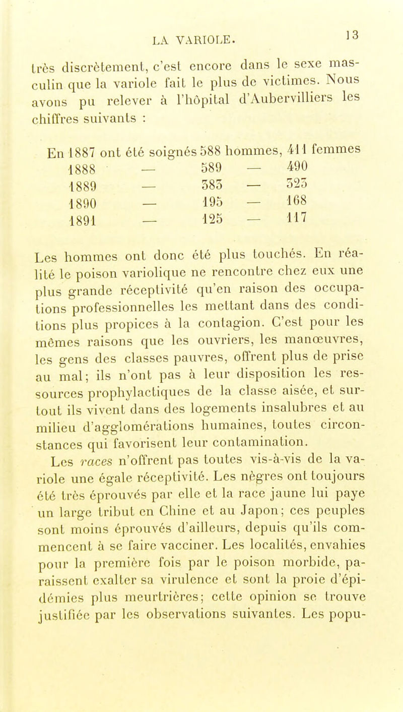 très discrètement, c'est encore dans le sexe mas- culin que la variole fait le plus de victimes. Nous avons pu relever à l'hôpital d'Aubervilliers les chiffres suivants : En 1887 ont été soignés 588 hommes, 411 femmes 1888 — 589 — 490 1889 — 383 — 525 1890 — 195 — 168 1891 — 125 - 117 Les hommes ont donc été plus touchés. En réa- lité le poison variolique ne rencontre chez eux une plus grande réceptivité qu'en raison des occupa- tions professionnelles les mettant dans des condi- tions plus propices à la contagion. C'est pour les mêmes raisons que les ouvriers, les manœuvres, les gens des classes pauvres, offrent plus de prise au mal; ils n'ont pas à leur disposition les res- sources prophylactiques de la classe aisée, et sur- tout ils vivent dans des logements insalubres et au milieu d'agglomérations humaines, toutes circon- stances qui favorisent leur contamination. Les races n'offrent pas toutes vis-à-vis de la va- riole une égale réceptivité. Les nègres ont toujours été très éprouvés par elle et la race jaune lui paye un large tribut en Chine et au Japon; ces peuples sont moins éprouvés d'ailleurs, depuis qu'ils com- mencent à se faire vacciner. Les localités, envahies pour la première fois par le poison morbide, pa- raissent exalter sa virulence et sont la proie d'épi- démies plus meurtrières; cette opinion se trouve justifiée par les observations suivantes. Les popu-