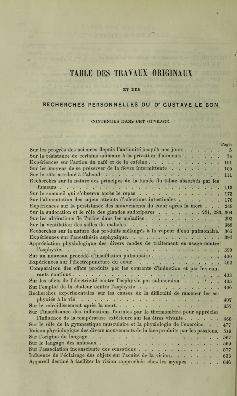 TABLE DES TRAVAUX ORIGINAUX ET DES RECHERCHES PERSONNELLES DU Dr GUSTAVE LE BON CONTENUES DANS CET OUVRAGE. Pages Sur les progrès des sciences depuis l’antiquité jusqu’à nos jours 5 Sur la résistance de certains animaux à la privation d’aliments 74 Expériences sur l’action du café et de la caféine 101 Sur les moyens de se préserver de la fièvre intermittente 105 Sur le rôle attribué à l’alcool 111 Recherches sur la nature des principes de la fumée du tabac absorbés par les fumeurs 113 Sur le sommeil qui s’observe après le repas 173 Sur l’alimentation des sujets atteints d’affections intestinales 176 Expériences sur la persistance des mouvements du cœur après la mort . . . 249 Sur la sudoration et le rôle des glandes sudoripares 281, 283, 304 Sur les altérations de l’urine dans les maladies 293 Sur la ventilation des salles de malades 388 Recherches sur la nature des produits mélangés à la vapeur d’eau pulmonaire. 365 Expériences sur l’anesthésie asphyxique 391 Appréciation physiologique des divers modes de traitement en usage contre l’asphyxie 399 Sur un nouveau procédé d’insufflation pulmonaire 400 Expériences sur l’électropuncture du cœur 402 Comparaison des effets produits par les courants d’induction et par les cou- rants continus 403 Sur les effets de l’électricité contre l’asphyxie par submersion ...*.. 405 Sur l’emploi de la chaleur contre l’asphyxie 406 Recherches expérimentales sur les causes de la difficulté de ramener les as- phyxiés à la vie 407 Sur le refroidissement après la mort 457 Sur l’insuffisance des indications fournies par le thermomètre pour apprécier l’influence de la température extérieure sur les êtres vivants 460 Sur le rôle de la gymnastique musculaire et la physiologie de l’exercice. . . 477 Raison physiologique des divers mouvements de la face produits par les passions. 519 Sur l’origine du langage 567 Sur le langage des animaux 569 Sur l’association inconsciente des sensations 577 Influence de l’éclairage des objets sur l’acuité de la vision 633 Appareil destiné à faciliter la vision rapprochée chez les myopes 646