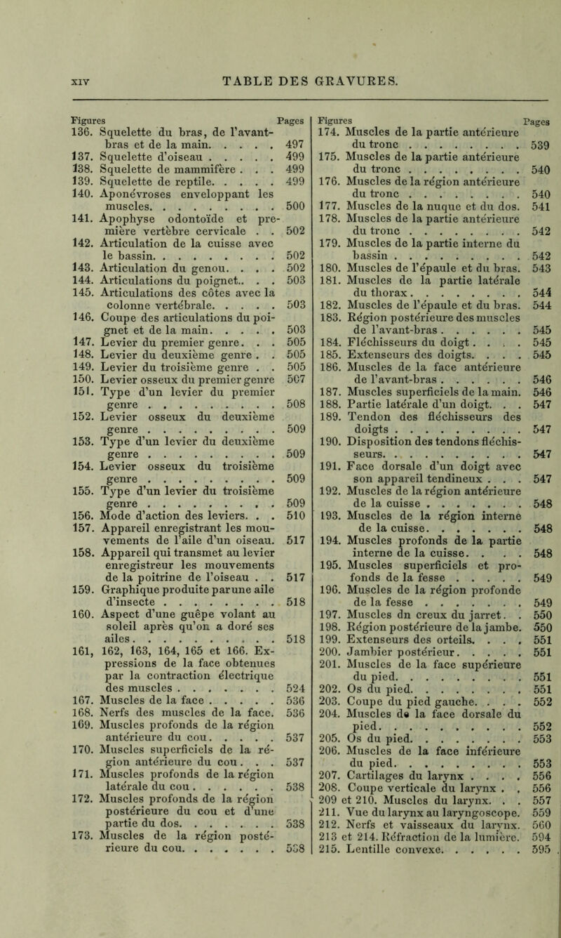 Figures Pages 136. Squelette du bras, de l’avant- bras et de la main 497 137. Squelette d’oiseau 499 138. Squelette de mammifère . . . 499 139. Squelette de reptile 499 140. Aponévroses enveloppant les muscles . 500 141. Apophyse odontoïde et pre- mière vertèbre cervicale . . 502 142. Articulation de la cuisse avec le bassin 502 143. Articulation du genou. . . . 502 144. Articulations du poignet.. . . 503 145. Articulations des côtes avec la colonne vertébrale 503 146. Coupe des articulations du poi- gnet et de la main 503 147. Levier du premier genre. . . 505 148. Levier du deuxième genre . . 505 149. Levier du troisième genre . . 505 150. Levier osseux du premier genre 507 151. Type d’un levier du premier genre 508 152. Levier osseux du deuxième genre 509 153. Type d’un levier du deuxième genre 509 154. Levier osseux du troisième genre 509 155. Type d’un levier du troisième genre 509 156. Mode d’action des leviers. . . 510 157. Appareil enregistrant les mou- vements de l’aile d’un oiseau. 517 158. Appareil qui transmet au levier enregistreur les mouvements de la poitrine de l’oiseau . . 517 159. Graphique produite parune aile d’insecte 518 160. Aspect d’une guêpe volant au soleil après qu’on a doré ses cilles • • 513 161. 162, 163* 164, 165 et 166. Ex- pressions de la face obtenues par la contraction électrique des muscles 524 167. Muscles de la face 536 168. Nerfs des muscles de la face. 536 169. Muscles profonds de la région antérieure du cou 537 170. Muscles superficiels de la ré- gion antérieure du cou. . . 537 171. Muscles profonds de la région latérale du cou 538 172. Muscles profonds de la région postérieure du cou et d’une partie du dos 538 173. Muscles de la région posté- rieure du cou 5G8 Figures Pages 174. Muscles de la partie antérieure du tronc 539 175. Muscles de la partie antérieure du tronc 540 176. Muscles de la région antérieure du tronc 540 177. Muscles de la nuque et du dos. 541 178. Muscles de la partie antérieure du tronc 542 179. Muscles de la partie interne du bassin 542 180. Muscles de l’épaule et du bras. 543 181. Muscles de la partie latérale du thorax 544 182. Muscles de l’épaule et du bras. 544 183. Région postérieure des muscles de l’avant-bras 545 184. Fléchisseurs du doigt. . 545 185. Extenseurs des doigts. . . . 545 186. Muscles de la face antérieure de l’avant-bras 546 187. Muscles superficiels de la main. 546 188. Partie latérale d’un doigt. . . 547 189. Tendon des fléchisseurs des doigts 547 190. Disposition des tendons fléchis- seurs 547 191. Face dorsale d’un doigt avec son appareil tendineux . . . 547 192. Muscles de la région antérieure de la cuisse 548 193. Muscles de la région interne de la cuisse 548 194. Muscles profonds de la partie interne de la cuisse. . . . 548 195. Muscles superficiels et pro- fonds de la fesse 549 196. Muscles de la région profonde de la fesse 549 197. Muscles dn creux du jarret. . 550 198. Région postérieure de la jambe. 550 199. Extenseurs des orteils. . . . 551 200. Jambier postérieur 551 201. Muscles de la face supérieure du pied 551 202. Os du pied 551 203. Coupe du pied gauche. . . . 552 204. Muscles de la face dorsale du pied 552 205. Os du pied 553 206. Muscles de la face inférieure du pied 553 207. Cartilages du larynx .... 556 208. Coupe verticale du larynx . . 556 209 et 210. Muscles du larynx. . . 557 *211. Vue du larynx au laryngoscope. 559 212. Nerfs et vaisseaux du larynx. 560 213 et 214. Réfraction de la lumière. 594 215. Lentille convexe 595