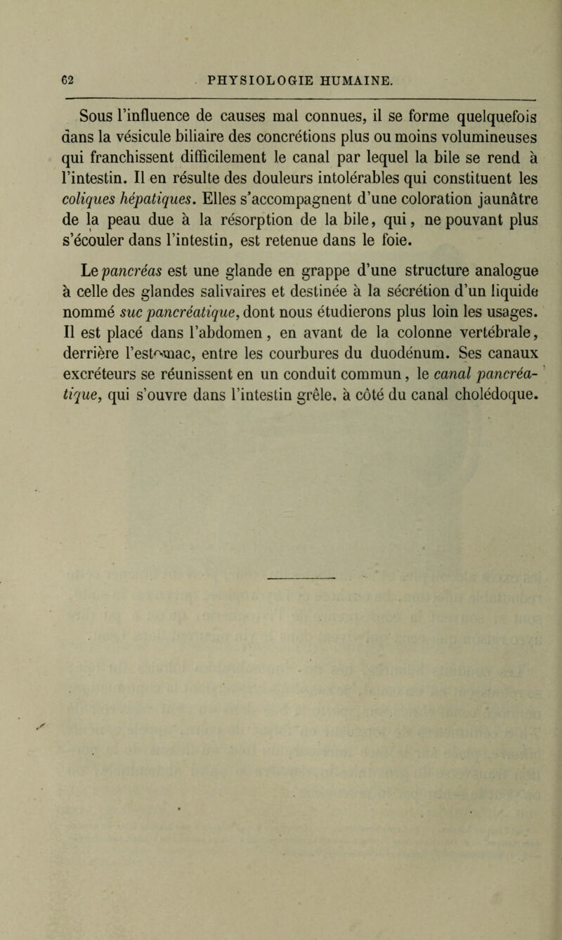 Sous l’influence de causes mal connues, il se forme quelquefois dans la vésicule biliaire des concrétions plus ou moins volumineuses qui franchissent difficilement le canal par lequel la bile se rend à l’intestin. Il en résulte des douleurs intolérables qui constituent les coliques hépatiques. Elles s’accompagnent d’une coloration jaunâtre de la peau due à la résorption de la bile, qui, ne pouvant plus s’écouler dans l’intestin, est retenue dans le foie. Le 'pancréas est une glande en grappe d’une structure analogue à celle des glandes salivaires et destinée à la sécrétion d’un liquide nommé suc pancréatique, dont nous étudierons plus loin les usages. Il est placé dans l’abdomen, en avant de la colonne vertébrale, derrière l’estomac, entre les courbures du duodénum. Ses canaux excréteurs se réunissent en un conduit commun, le canal pancréa- tique, qui s’ouvre dans l’intestin grêle, à côté du canal cholédoque.