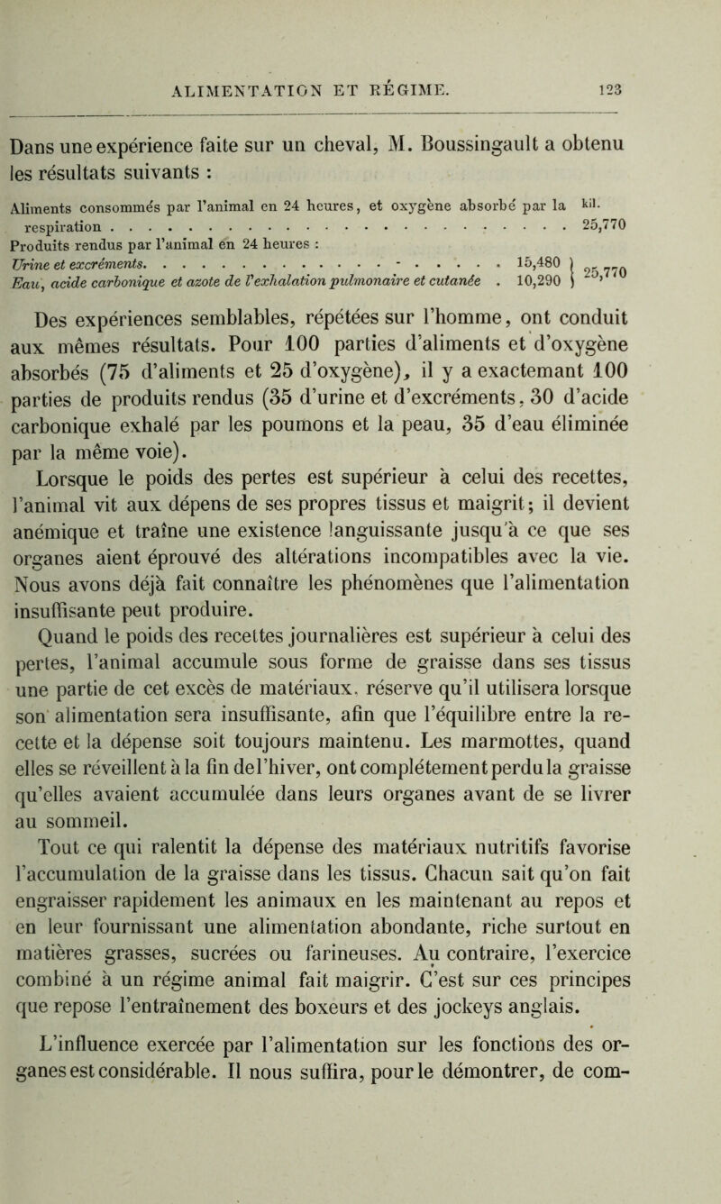 Dans une expérience faite sur un cheval, M. Boussingault a obtenu les résultats suivants : Aliments consommés par l’animal en 24 heures, et oxygène absorbe' par la kil. respiration 25,770 Produits rendus par l’animal en 24 heures : Urine et excréments - 15,480 ) ^ Eau, acide carbonique et azote de T exhalation pulmonaire et cutanée . 10,290 ) Des expériences semblables, répétées sur l’homme, ont conduit aux mêmes résultats. Pour 100 parties d’aliments et d’oxygène absorbés (75 d’aliments et 25 d’oxygène), il y a exactemant 100 parties de produits rendus (35 d’urine et d’excréments, 30 d’acide carbonique exhalé par les poumons et la peau, 35 d’eau éliminée par la même voie). Lorsque le poids des pertes est supérieur à celui des recettes, l’animal vit aux dépens de ses propres tissus et maigrit; il devient anémique et traîne une existence languissante jusqu'à ce que ses organes aient éprouvé des altérations incompatibles avec la vie. Nous avons déjà fait connaître les phénomènes que l’alimentation insuffisante peut produire. Quand le poids des recettes journalières est supérieur à celui des pertes, l’animal accumule sous forme de graisse dans ses tissus une partie de cet excès de matériaux, réserve qu’il utilisera lorsque son alimentation sera insuffisante, afin que l’équilibre entre la re- cette et la dépense soit toujours maintenu. Les marmottes, quand elles se réveillent à la fin del’hiver, ont complètement perdu la graisse qu’elles avaient accumulée dans leurs organes avant de se livrer au sommeil. Tout ce qui ralentit la dépense des matériaux nutritifs favorise l’accumulation de la graisse dans les tissus. Chacun sait qu’on fait engraisser rapidement les animaux en les maintenant au repos et en leur fournissant une alimentation abondante, riche surtout en matières grasses, sucrées ou farineuses. Au contraire, l’exercice combiné à un régime animal fait maigrir. C’est sur ces principes que repose l’entraînement des boxeurs et des jockeys anglais. L’influence exercée par l’alimentation sur les fonctions des or- ganes est considérable. Il nous suffira, pour le démontrer, de com-