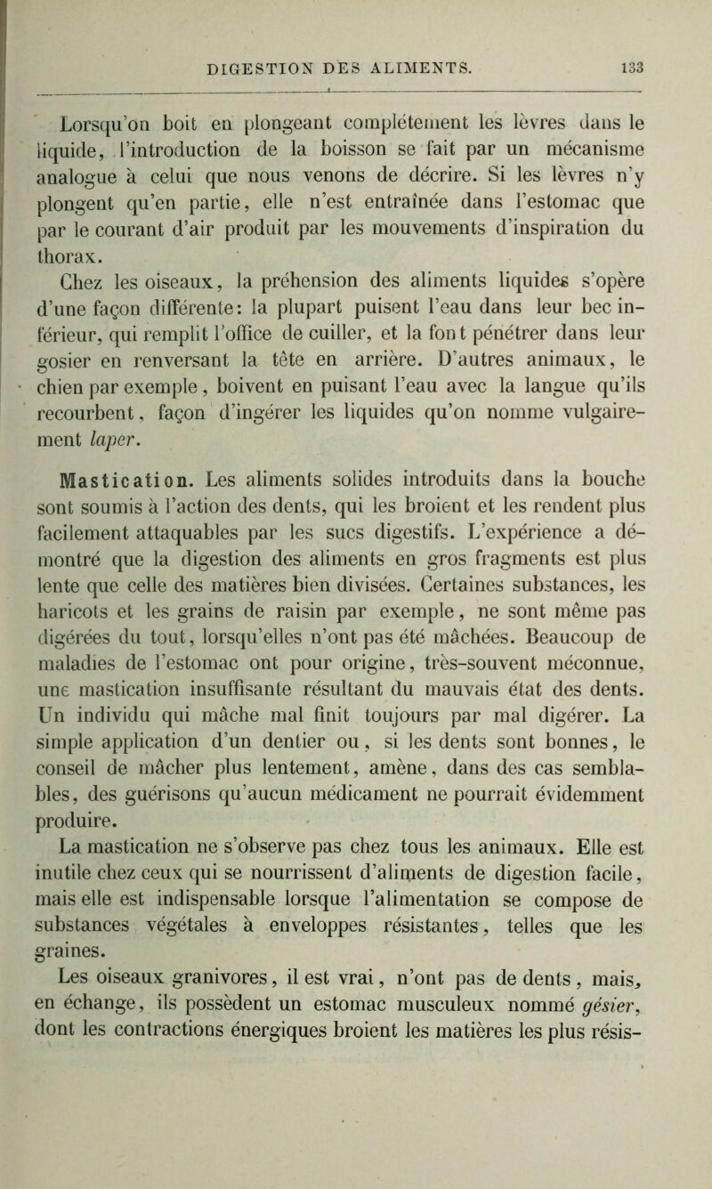 Lorsqu’on boit en plongeant complètement les lèvres dans le liquide, l’introduction de la boisson se fait par un mécanisme analogue à celui que nous venons de décrire. Si les lèvres n’y plongent qu’en partie, elle n’est entraînée dans l’estomac que par le courant d’air produit par les mouvements d’inspiration du thorax. Chez les oiseaux, la préhension des aliments liquides s’opère d’une façon différente: la plupart puisent l’eau dans leur bec in- férieur, qui remplit l’office de cuiller, et la font pénétrer dans leur gosier en renversant la tête en arrière. D’autres animaux, le chien par exemple, boivent en puisant l’eau avec la langue qu’ils recourbent, façon d’ingérer les liquides qu’on nomme vulgaire- ment laper. Mastication. Les aliments solides introduits dans la bouche sont soumis à l’action des dents, qui les broient et les rendent plus facilement attaquables par les sucs digestifs. L’expérience a dé- montré que la digestion des aliments en gros fragments est plus lente que celle des matières bien divisées. Certaines substances, les haricots et les grains de raisin par exemple, ne sont même pas digérées du tout, lorsqu’elles n’ont pas été mâchées. Beaucoup de maladies de l’estomac ont pour origine, très-souvent méconnue, une mastication insuffisante résultant du mauvais état des dents. Un individu qui mâche mal finit toujours par mal digérer. La simple application d’un dentier ou, si les dents sont bonnes, le conseil de mâcher plus lentement, amène, dans des cas sembla- bles, des guérisons qu’aucun médicament ne pourrait évidemment produire. La mastication ne s’observe pas chez tous les animaux. Elle est inutile chez ceux qui se nourrissent d’alirçients de digestion facile, mais elle est indispensable lorsque l’alimentation se compose de substances végétales à enveloppes résistantes, telles que les graines. Les oiseaux granivores, il est vrai, n’ont pas de dents, mais* en échange, ils possèdent un estomac musculeux nommé gésier, dont les contractions énergiques broient les matières les plus résis-