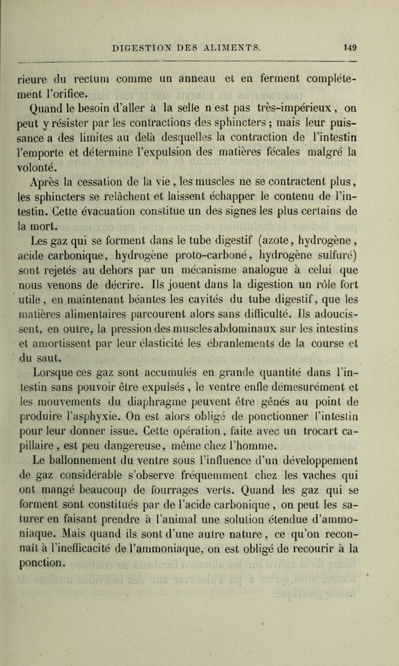 rieure du rectum comme uu anneau et en ferment complète- ment l’orifice. Quand le besoin d’aller à la selle n est pas très-impérieux, on peut y résister par les contractions des sphincters ; mais leur puis- sance a des limites au delà desquelles la contraction de l’intestin l’emporte et détermine l’expulsion des matières fécales malgré la volonté. Après la cessation de la vie , les muscles ne se contractent plus, les sphincters se relâchent et laissent échapper le contenu de l’in- testin. Cette évacuation constitue un des signes les plus certains de la mort. Les gaz qui se forment dans le tube digestif (azote, hydrogène, acide carbonique, hydrogène proto-carboné, hydrogène sulfuré) sont rejetés au dehors par un mécanisme analogue à celui que nous venons de décrire. Ils jouent dans la digestion un rôle fort utile, en maintenant béantes les cavités du tube digestif, que les matières alimentaires parcourent alors sans difficulté. Ils adoucis- sent, en outre, la pression des muscles abdominaux sur les intestins et amortissent par leur élasticité les ébranlements de la course et du saut. Lorsque ces gaz sont accumulés en grande quantité dans l’in- testin sans pouvoir être expulsés , le ventre enfle démesurément et les mouvements du diaphragme peuvent être gênés au point de produire l’asphyxie. On est alors obligé de ponctionner l’intestin pour leur donner issue. Cette opération, faite avec un trocart ca- pillaire , est peu dangereuse, même chez l’homme. Le ballonnement du ventre sous l’influence d’un développement de gaz considérable s’observe fréquemment chez les vaches qui ont mangé beaucoup de fourrages verts. Quand les gaz qui se forment sont constitués par de l’acide carbonique, on peut les sa- turer en faisant prendre à l’animal une solution étendue d’ammo- niaque. Mais quand ils sont d’une autre nature, ce qu’on recon- naît à l’inefficacité de l’ammoniaque, on est obligé de recourir à la ponction.