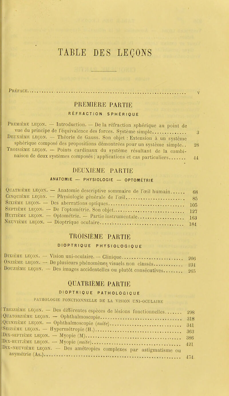 TABLE DES LEÇONS Préface v PREMIÈRE PARTIE RÉFRACTION SPHÉRIQUE Première leçon. — Introduction. — De la réfraction sphérique au point de vue du principe de l'équivalence des forces. Système simple 3 Deuxième leçon. — Théorie de Gauss. Son objet ; Extension à un système sphérique composé des propositions démontrées pour un système simple.. 28 Troisième leçon. — Points cardinaux du système résultant de la combi- naison de deux systèmes composés ; applications et cas particuliers 14 DEUXIÈME PARTIE ANATOMIE — PHYSIOLOGIE — OPTOMÉTRIE Quatrième leçon. — Anatomie descriptive sommaire de l'œil humain 68 Cinquième leçon. — Physiologie générale de l'œil 85 Sixième leçon. — Des aberrations optiques 105 Septième leçon. — De l'optométrie. Son objet \ [ \ 127 Huitième leçon. — Optométrie. — Partie instrumentale 163 Neuvième leçon. — Dioptrique oculaire •. 184 TROISIÈME PARTIE DIOPTRIQUE PHYSIOLOGIQUE Dixième leçon. — Vision uni-oculaire. — Clinique 206 Onzième leçon. — De plusieurs phénomènes visuels non classés .' 234 Douzième leçon. — Des images accidentelles ou plutôt consécutives 265 QUATRIÈME PARTIE DIOPTRIQUE PATHOLOGIQUE PATHOLOGIE fonctionnelle de la vision uni-oculaire Treizième leçon. — Des différentes espèces de lésions fonctionnelles 298 Quatorzième leçon. — Ophthalmoscopie 318 Quinzième leçon. — Ophthalmoscopie (suite) 341 Seizième leçon. — Hypermétropie (H.) ........ ;j<n Dix-septième leçon. — Myopie (M) 386 Pjx-huitième leçon. — Myopie (suite) \ Ml Dix-neuvième leçon. - Des amétropies complexes par astigmatisme'ou asymétrie (As.)