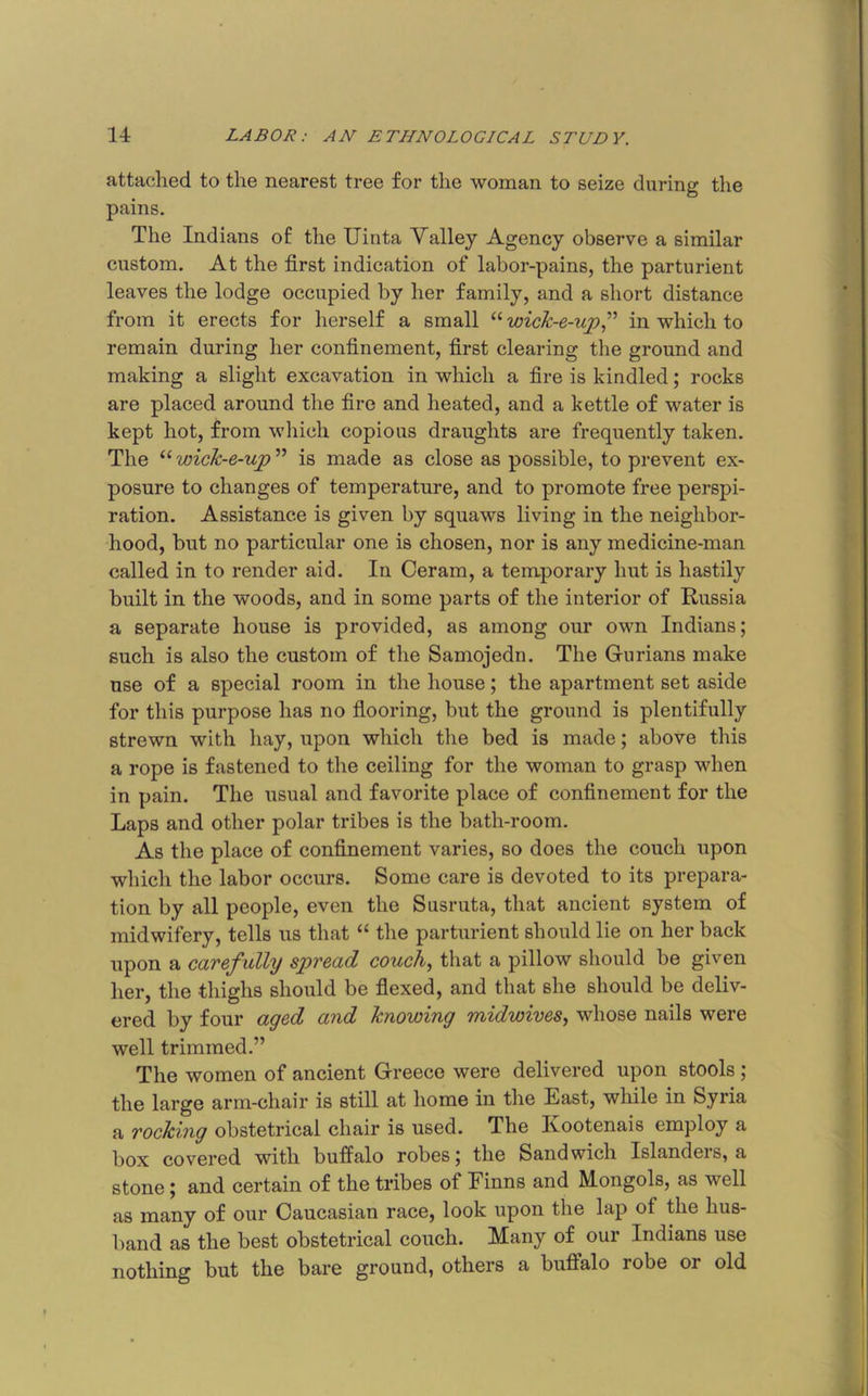 attached to the nearest tree for the woman to seize during the pains. The Indians of the Uinta Valley Agency observe a similar custom. At the first indication of labor-pains, the parturient leaves the lodge occupied by her family, and a short distance from it erects for herself a small “ wick-e-up,in which to remain during her confinement, first clearing the ground and making a slight excavation in which a fire is kindled; rocks are placed around the fire and heated, and a kettle of water is kept hot, from wliich copious draughts are frequently taken. The “ wick-e-up ” is made as close as possible, to prevent ex- posure to changes of temperature, and to promote free perspi- ration. Assistance is given by squaws living in the neighbor- hood, but no particular one is chosen, nor is any medicine-man called in to render aid. In Ceram, a temporary hut is hastily built in the woods, and in some parts of the interior of Russia a separate house is provided, as among our own Indians; such is also the custom of the Samojedn. The Gurians make use of a special room in the house; the apartment set aside for this purpose has no fiooring, but the ground is plentifully strewn with hay, upon which tlie bed is made; above this a rope is fastened to the ceiling for the woman to grasp when in pain. The usual and favorite place of confinement for the Laps and other polar tribes is the bath-room. As the place of confinement varies, so does the couch upon which the labor occurs. Some care is devoted to its prepara- tion by all people, even the Susruta, that ancient system of midwifery, tells us that “ the parturient should lie on her back upon a carefully spread couch, that a pillow should be given her, the thighs should be fiexed, and that she should be deliv- ered by four aged and knowing midwives, whose nails were well trimmed.” The women of ancient Greece were delivered upon stools ; the large arm-chair is still at home in the East, while in Syria a rocking obstetrical chair is used. The Kootenais employ a box covered with buffalo robes; the Sandwich Islandeis, a stone; and certain of the tribes of Finns and M.ongols, as well as many of our Caucasian race, look upon the lap of the hus- band as the best obstetrical couch. Many of our Indians use nothing but the bare ground, others a buffalo robe or old