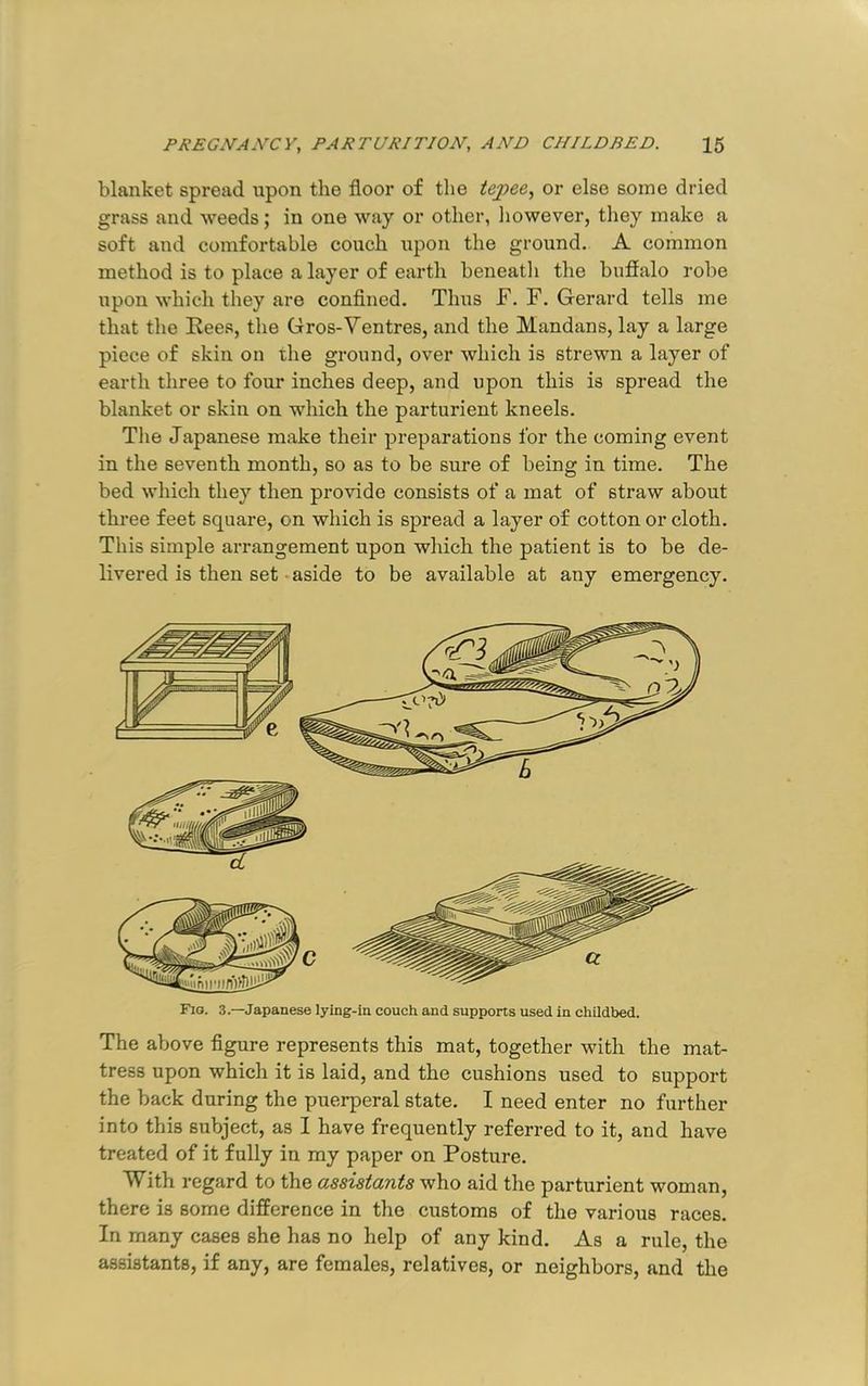 blanket spread upon the floor of the tepee., or else some dried grass and weeds; in one way or other, liowever, tliey make a soft and comfortable couch upon the ground. A common method is to place a layer of earth beneatli the buffalo I’obe upon which they are conflned. Thus F. F. Gerard tells me that the Rees, the Gros-Ventres, and the Mandans, lay a large piece of skin on the ground, over which is strewn a layer of earth three to four inches deep, and upon this is spread the blanket or skin on which the parturient kneels. Tlie Japanese make their preparations for the coming event in the seventh month, so as to be sure of being in time. The bed which they then provide consists of a mat of straw about three feet square, on which is spread a layer of cotton or cloth. This simple arrangement upon which the patient is to be de- livered is then set • aside to be available at any emergency. Fio. 3.—Japanese lying-in couch and supports used in childbed. The above flgure represents this mat, together with the mat- tress upon which it is laid, and the cushions used to support the back during the puerperal state. I need enter no further into this subject, as I have frequently referred to it, and have treated of it fully in my paper on Posture. With regard to the assistants who aid the parturient woman, there is some difference in the customs of the various races. In many cases she has no help of any kind. As a rule, the assistants, if any, are females, relatives, or neighbors, and the