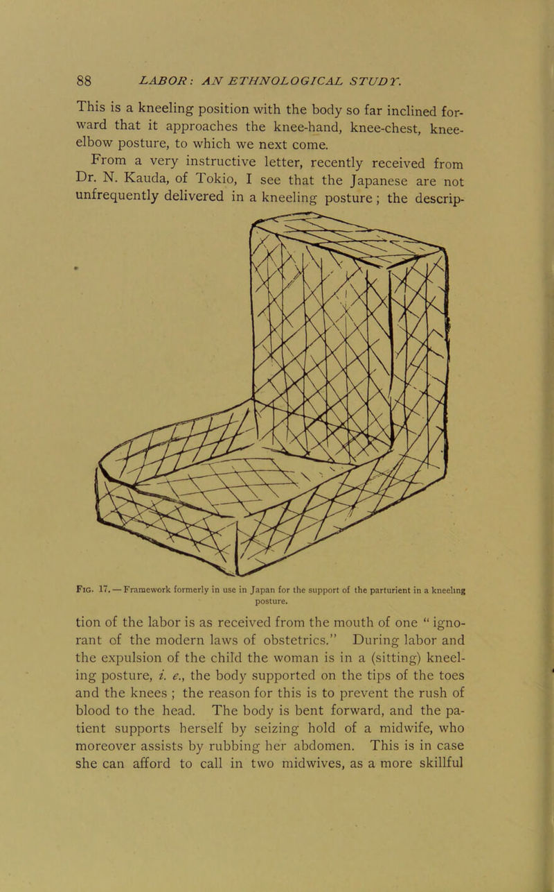 This is a kneeling position with the body so far inclined for- ward that it approaches the knee-hand, knee-chest, knee- elbow posture, to which we next come. From a very instructive letter, recently received from Dr. N. Kauda, of Tokio, I see that the Japanese are not unfrequently delivered in a kneeling posture; the descrip- Fig. 17, — Framework formerly in use in Japan for the support of the parturient in a kneeling posture. tion of the labor is as received from the mouth of one “ igno- rant of the modern laws of obstetrics.” During labor and the expulsion of the child the woman is in a (sitting) kneel- ing posture, i. e., the body supported on the tips of the toes and the knees ; the reason for this is to prevent the rush of blood to the head. The body is bent forward, and the pa- tient supports herself by seizing hold of a midwife, who moreover assists by rubbing her abdomen. This is in case she can afford to call in two midwives, as a more skillful