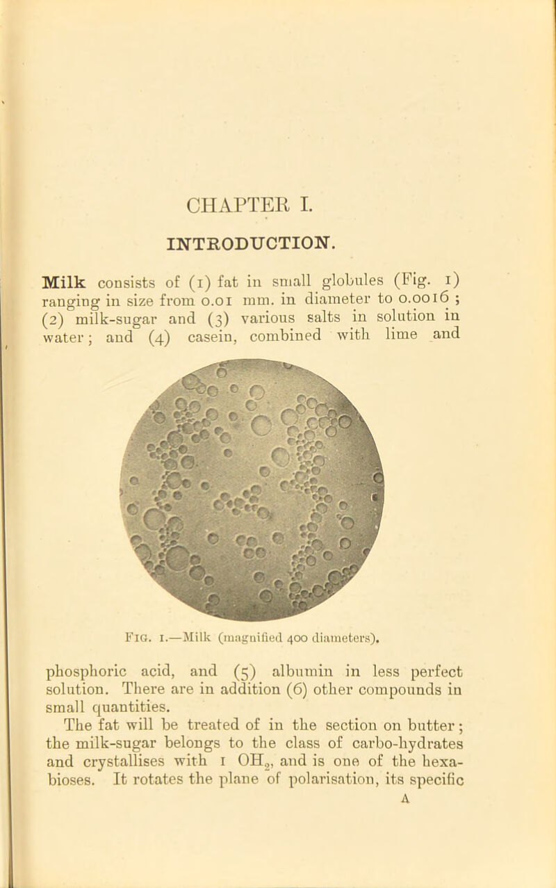 INTRODUCTION. Milk consists of (i) fat in small globules (Fig. i) ranging in size from o.oi mm. in diameter to 0.0016 ; (2) milk-sugar and (3) various salts in solution in water; and (4) casein, combined with lime and Fig. I.—Milk (maguilied 400 diameters). phosphoric acid, and (5) albumin in less perfect solution. There are in addition (6) other compounds in small quantities. The fat will be treated of in the section on butter; the milk-sugar belongs to the class of carbo-hydrates and crystallises with i OHg, and is one of the hexa- bioses. It rotates the plane of polarisation, its specific A