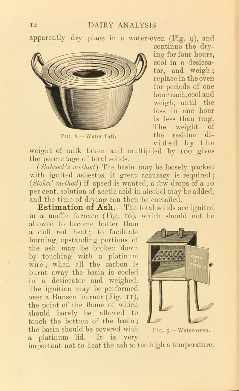apparently dry place in a water-oven (Fig. 9), and continue the dry- ing for four hours, cool in a desicca- tor, and weigh ; replace in the oven for periods of one hour each, cool and weigh, until the loss in one hour is less than img. The weight of Fig. 8.—Water-bath. the residue di- vided by the weight of milk taken and multiplied by 100 gives the percentage of total solids. (^Babcock's method) The basin may be loosely packed with ignited asbestos, if great accuracy is requii’ed ; (Stokes’ method) if speed is wanted, a few drops of a 10 per cent, solution of acetic acid in alcohol may be added, and the time of drying can theu be curtailed. Estimation of Ash.—The total solids are ignited in a muffle furnace (Fig. 10), which should not bo allowed to become hotter than a dull red heat; to facilitate burning, upstanding portions of the ash may be broken down by touching with a platinum wire; when all the carbon is burnt away the basin is cooled in a desiccator and weighed. The ignition may be performed over a Bunsen burner (Fig. ii), the point of the flame of which should barely be allowed to touch the bottom of the basin; the basin should be covered with fkj. 9.—Wuter-oven. a platinum lid. It is very important not to heat the ash to too high a temperature.