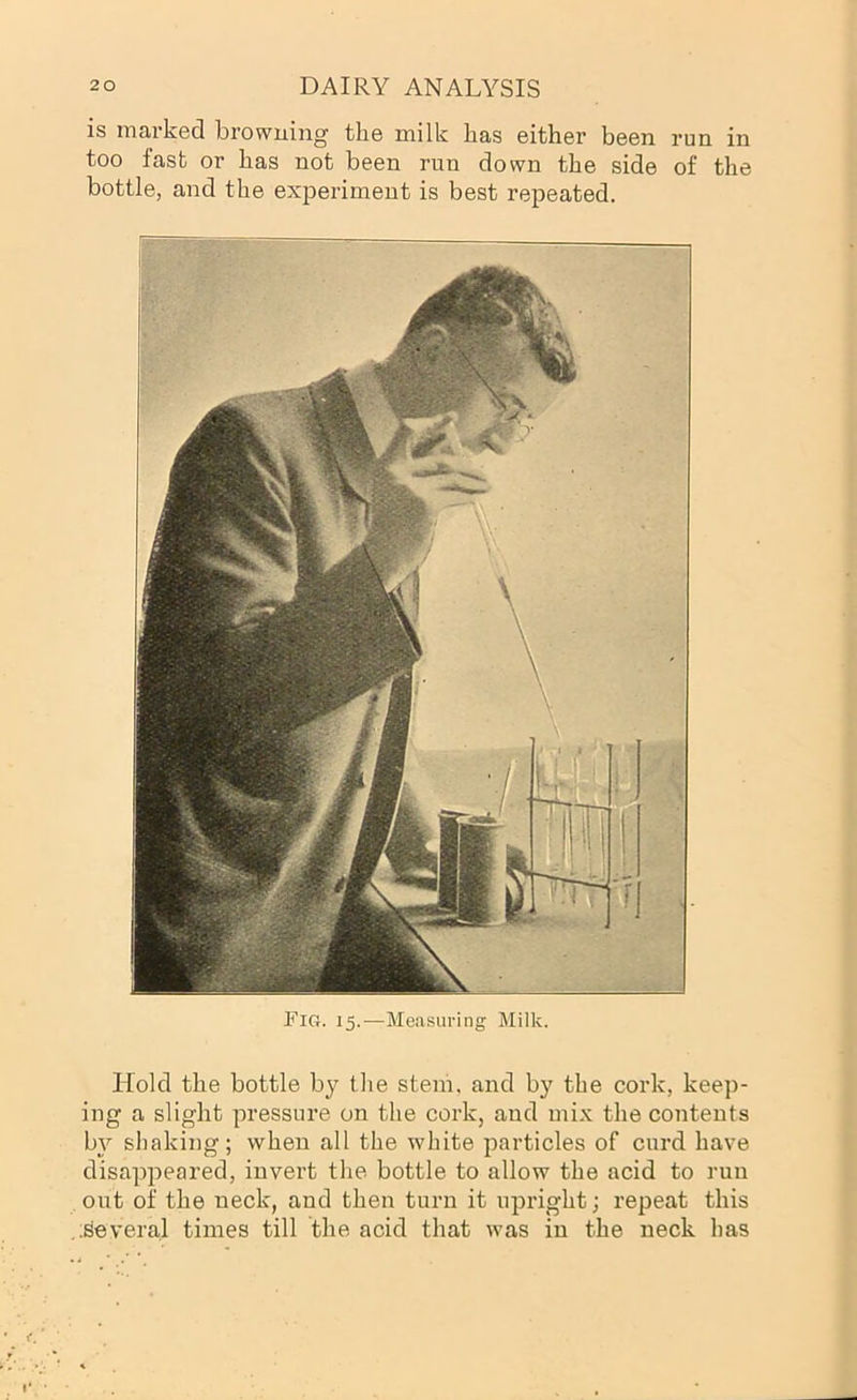 is marked browuing the milk has either been run in too fast or has not been run down the side of the bottle, and the expei’iment is best repeated. Hold the bottle by the stem, and by the cork, keep- ing a slight pressure on the cork, and mix the contents by shaking; when all the white particles of curd have disappeared, invert the bottle to allow the acid to run out of the neck, and then turn it upright; repeat this :several times till the acid that was in the neck has