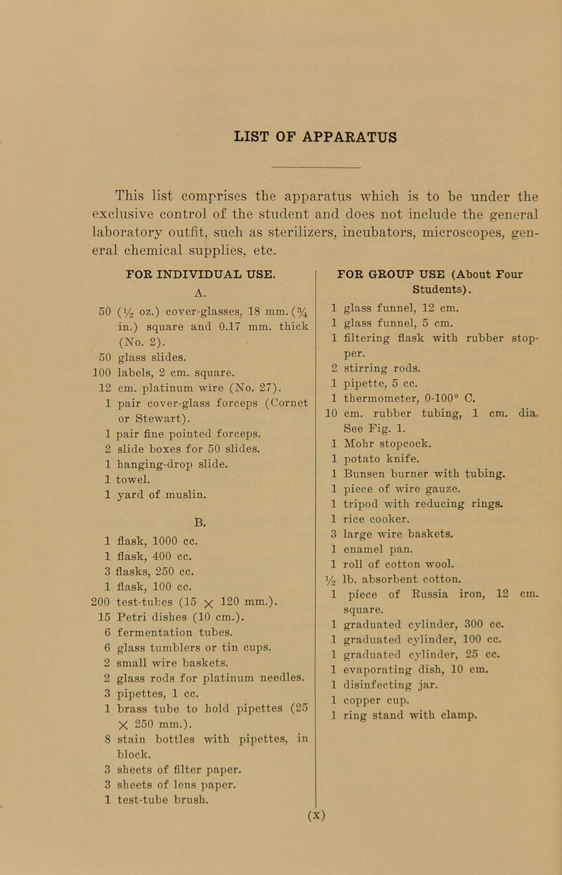 LIST OF APPARATUS This list comprises the apparatus which is to be under the exclusive control of the student and does not include the general laboratory outfit, such as sterilizers, incubators, microscopes, gen- eral chemical supplies, etc. FOR INDIVIDUAL USE. A. 50 (i/g oz.) cover-glasses, 18 mm. (% in.) square and 0.17 mm. thick (No. 2). 50 glass slides. 100 labels, 2 cm. square. 12 cm. platinum wire (No. 27). 1 pair cover-glass forceps (Cornet or Stewart). 1 pair fine pointed forceps. 2 slide boxes for 50 slides. 1 hanging-drop slide. 1 towel. 1 yard of muslin. B. 1 flask, 1000 cc. 1 flask, 400 cc. 3 flasks, 250 cc. 1 flask, 100 cc. 200 test-tubes (15 x 120 mm.). 15 Petri dishes (10 cm.). 6 fermentation tubes. 6 glass tumblers or tin cups. 2 small wire baskets. 2 glass rods for platinum needles. 3 pipettes, 1 cc. 1 brass tube to hold pipettes (25 X 250 mm.). 8 stain bottles with pipettes, in block. 3 sheets of filter paper. 3 sheets of lens paper. 1 test-tube brush. FOR GROUP USE (About Four Students). 1 glass funnel, 12 cm. 1 glass funnel, 5 cm. 1 filtering flask with rubber stop- per. 2 stirring rods. 1 pipette, 5 cc. 1 thermometer, 0-100° C. 10 cm. rubber tubing, 1 cm. dia. See Pig. 1. 1 Mohr stopcock. 1 potato knife. 1 Bunsen burner with tubing. 1 piece of wire gauze. 1 tripod with reducing rings. 1 rice cooker. 3 large wire baskets. 1 enamel pan. 1 roll of cotton wool. y3 lb. absorbent cotton. 1 piece of Russia iron, 12 cm. square. 1 graduated cylinder, 300 cc. 1 graduated cylinder, 100 cc. 1 graduated cylinder, 25 cc. 1 evaporating dish, 10 cm. 1 disinfecting jar. 1 copper cup. 1 ring stand with clamp.