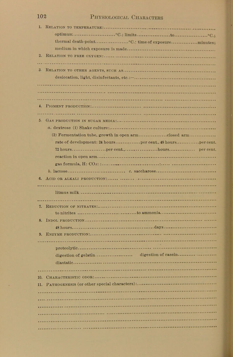1. Relation to temperatuhe: optimum °C.; limits to °C.; thermal death-point °C.; time of exposure minutes; medium in which exposure is made 2. Relation to free oxygen: 3. Relation to other agents, such as desiccation, light, disinfectants, etc.:— 4. Pigment production: 5. Gas production in sugar media: a. dextrose (1) Shake culture: (2) Fermentation tube, growth in open arm closed arm rate of development: 24 hours per cent., 48 hours percent. 72 hours percent hours percent. reaction in open arm gas formula, H: CO2: : : b. lactose c. saccharose 6. Acid or alkali production: litmus milk 7. Reduction of nitrates: to nitrites to ammonia 8. Indol production 48 hours days 9. Enzyme production: proteolytic digestion of gelatin digestion of casein diastatic 10. Characteristic odor: