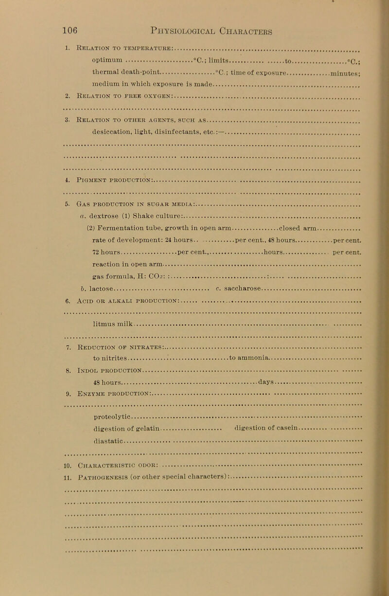1. Relation to temperature: optimum °C.; limits to °C.; thermal death-point °C.; time of exposure minutes: medium in which exposure is made 2. Relation to free oxygen: 3. Relation to other agents, such as desiccation, light, disinfectants, etc.:— 4. Pigment production: 5. Gas production in sugar media: a. dextrose (1) Shake culture: (2) Fermentation tube, growth in open arm closed arm rate of development: 24 hours.. per cent.. 48 hours percent. 72 hours per cent hours per cent. reaction in open arm gas formula, H: CO2: : : b. lactose c. saccharose 6. Acid or alkali production: litmus milk. 7. Reduction of nitrates: to nitrites .’ to ammonia.. 8. Indol production 48 hours days 9. Enzyme production: proteolytic digestion of gelatin digestion of casein diastatic 10. Characteristic odor: