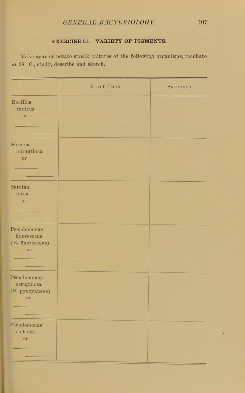 EXERCISE 61. VARIETY OF PIGMENTS. Make agar or potato streak cultures of the following organisms, incubate at 28° C., study, describe and sketch. 3 to 6 Days Bacillus indicus or Sarcina aurantiaca or Sarcina lutea or Pseudomonas fluorescens (B. fluorescens) or Pseudomonas aeruginosa (B. pyocvaneus) or Pseudomonas violacea or Sketches
