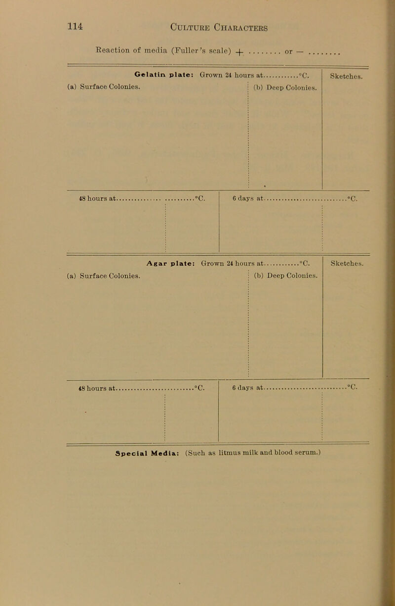 Reaction of media (Fuller’s scale) or — Gelatin plate: Grown 24 hours at °C. (a) Surface Colonies. : (b) Deep Colonies. Sketches. 48 hours at °C. 6 days at °C. Agar plate: Grown 24 hours at °C. (a) Surface Colonies. : (b) Deep Colonies. Sketches. °c. °C.