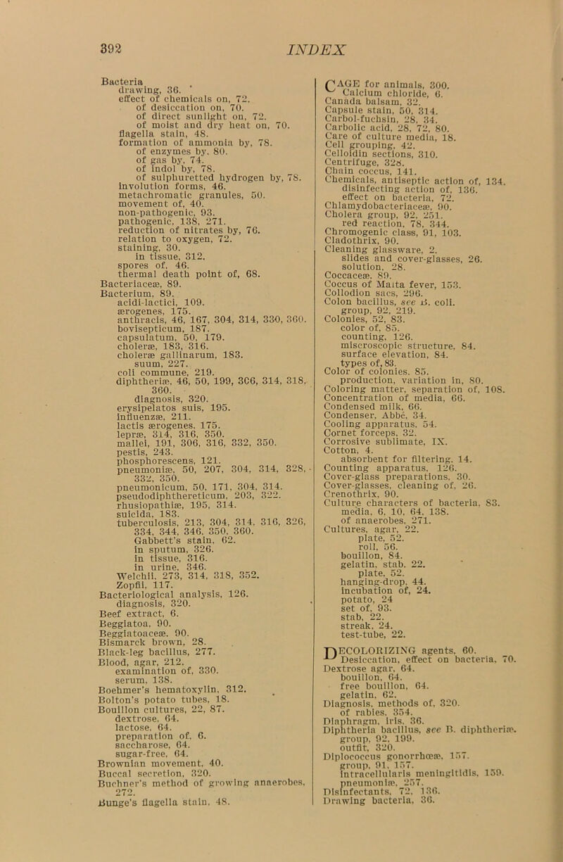 Bacteria drawing, 36. effect of chemicals on, 72. ol’ desiccation on, 70. of direct sunlight on, 72. of moist and dry heat on, 70. flagella stain, 48. formation of ammonia by, 78. of enzymes by, 80. of gas by, 74. of indol by, 78. of sulphuretted hydrogen by, 7S. involution forms, 46. metachromatic granules, 50. movement of, 40. non-pathogenic, 93. pathogenic, 138, 271. reduction of nitrates by, 76. relation to oxygen, 72. staining, 30. in tissue, 312. spores of, 46. thermal death point of, 68. Bacteriacea?, 89. Bacterium, 89. acidi-laetiei, 109. serogenes, 175. anthracis, 46, 167, 304, 314, 330, 360. bovisepticum, 187. capsulatum, 50, 179. cholera, 183, 316. cholerae gal I inarum, 183. suum, 227. coli commune, 219. diplitheriae, 46, 50, 199, 3C6, 314, 318, 300. diagnosis, 320. erysipelatos suis, 195. influenzae, 211. lactis aerogenes, 175. leprae, 314, 316, 350. mallei, 191, 306, 316, 332, 350. pestis, 243. pliosphoreseens, 121. pneumoniae, 50, 207, 304, 314, 328, • 332, 350. pneumonicum, 50, 171, 304, 314. pseudodiphthereticum, 203, 322. rhusiopathiae, 195, 314. suicida, 183. tuberculosis, 213, 304, 314. 310, 320, 334, 344, 346. 350. 300. Gabbett’s stain. 62. in sputum, 326. in tissue, 316. in urine, 346. Welchii. 273, 314, 31S, 352. Zopfii, 117. Bacteriological analysis, 126. diagnosis, 320. Beef extract, 6. Beggiatoa, 90. Beggiatoaceoe. 90. Bismarck brown, 28. Black-leg bacillus, 277. Blood, agar, 212. examination of, 330. serum, 138. Boehmer’s hematoxylin, 312. Bolton’s potato tubes, 18. Bouillon cultures, 22, 87. dextrose. 64. lactose, 64. preparation of. 6. saccharose, 64. sugar-free, 64. Brownian movement, 40. Buccal secretion, 320. Buchner's method of growing anaerobes, 272. Bunge’s flagella stain. 48. 4^ AGE for animals, 300. Calcium chloride, 6. Canada balsam, 32. Capsule stain, 50, 314. Carbol-fuchsin, 28, 34. Carbolic acid, 28, 72, 80. Care of culture media, 18. Cell grouping, 42. Celloidin sections, 310. Centrifuge, 328. Chain coccus, 141. Chemicals, antiseptic action of, 134. disinfecting action of. 130. effect on bacteria, 72. Chlamydobaeteriacea;, 90. Cholera group, 92, 251. red reaction, 78, 344. Chromogenie class, 91, 103. Cladothrix, 90. Cleaning glassware, 2. slides and cover-glasses, 26. solution, 28. Coccacea?. 89. Coccus of Malta fever, 153. Collodion sacs, 296. Colon bacillus, see B. coli. group, 92, 219. Colonies, 52, 83. color of, 85. counting, 126. miscroseopic structure, 84. surface elevation, 84. types of, 83. Color of colonies. 85. production, variation in, 80. Coloring matter, separation of, 108. Concentration of media, 66. Condensed milk, 66. Condenser. Abbe, 34. Cooling apparatus. 54. Cornet forceps, 32. Corrosive sublimate, IX. Cotton, 4. absorbent for filtering. 14. Counting apparatus, 126. Cover-glass preparations. 30. Cover-glasses, cleaning of. 26. Crenothrix, 90. Culture characters of bacteria, S3, media, 6. 10, 64. 138. of anaerobes. 271. Cultures, agar, 22. plate, 52. roll, 56. bouillon. 84. gelatin, stab. 22. plate, 52. hanging-drop. 44. incubation of, 24. potato, 24 set of, 93. stab. 22. streak. 24. test-tube, 22. TAECOLORIZING agents. 60. Desiccation, effect on bacteria, 70. Dextrose agar, 64. bouillon, 64. free bouillon, 64. gelatin. 62. Diagnosis, methods of. 320. of rabies. 354. Diaphragm, iris, 36. Diphtheria bacillus, see B. diphtheria*, group. 92. 199. outfit, 320. Diplococcus gonorrhcea?. 157. group, 91. 157. lntraceliularis meningitidis, 159. pneumonia?, 257. Disinfectants. 72. 136. Drawing bacteria, 36.