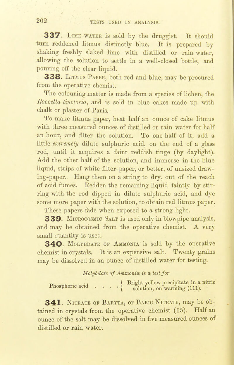 337. LiME-WATEB is sold by the druggist. It should turn reddened litmus distinctly blue. It is prepared by shaking freshly slaked lime with distilled or rain water, allowing the solution to settle in a well-closed bottle, and pouring off the clear liquid. 338. Litmus Paper, both red and blue, may be procured from the operative chemist. The colouring matter is made from a species of lichen, the Roccella tinctoria, and is sold in blue cakes made up -with chalk or plaster of Paris. To make litmus paper, heat half an ounce of cake litmus with three measured ounces of distilled or rain water for half an hour, and filter the solution. To one half of it, add a little extremely dilute sulphuric acid, on the end of a glass rod, until it acquires a faint reddish tinge (by daylight). Add the other half of the solution, and immerse in the blue liquid, strips of white filter-paper, or better, of unsized draw- ing-paper. Hang them on a string to dry, out of the reach of acid fumes. Eedden the remaining liquid faintly by stir- ring with the rod dipped in dilute sulphuric acid, and dye some more paper with the solution, to obtain red litmus paper. These papers fade when exposed to a strong hght. 339- MiCROCosMic Salt is used only in blowpipe analysis, and may be obtained from the operative chemist. A very small quantity is used. 340. Moltbdate of Ammonia is sold by the operative chemist in crystals. It is an expensive salt. Twenty grains may be dissolved in an ounce of distUled water for testing. MohjMate of Ammonia is a test for T,, , . ., \ Bright yellow precipitate in a nitric Phosphoric acid . . . .j solution, on warming (HI). 341. Nitrate of Baryta, or Baric Nitrate, may be ob- tained in crystals from the operative chemist (65). Half an ounce of the salt may be dissolved in five measured ounces of distilled or rain water.