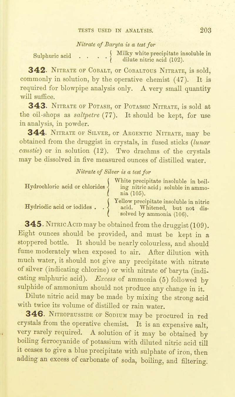 Nitrate of Baryta is a test for Sulphuric acid . . . . j Milky white precipitate insoluble in ^ I dilute nitnc acid (102). 342. Nitrate of Cobalt, or Cobaltous Niteate, is sold, commonly in solution, by the operative chemist (47). It is required for blowpipe analysis only. A very small quantity will suffice. 343. Nitrate of Potash, or Potassic Nitrate, is sold at the oil-shops as saltpetre {11). It should be kept, for use in analysis, in powder. 344. Nitrate of Silver, or Argentic Nitrate, may be obtained from the druggist in crystals, in fused sticks {lunar caustic) or in solution (12). Two drachms of the crystals may be dissolved in five measured ounces of distilled water. Nitrate of Silver is a test for ( White precipitate insoluble in boil- Hydrochloric acid or chlorides < ing nitric acid; soluble in ammo- .( nla (105). ( Yellow precipitate insoluble in nitric Hydriodic acid or iodides . . < acid. Whitened, but not dis- ( solved by ammonia (106). 345. Nitric Acid may be obtained from the druggist (109). Eight ounces should be provided, and must be kept in a stoppered bottle. It should be nearly colourless, and should fume moderately when exposed to air. After dilution with much water, it should not give any precipitate with nitrate of silver (indicating chlorine) or with nitrate of baryta (indi- cating sulphuric acid). Excess of ammonia (5) followed by sulphide of ammonium should not produce any change in it. Dilute nitric acid may be made by mixing the strong acid with twice its volume of distilled or rain water. 346. Nitroprusside of Sodium may be procured in red crystals from the operative chemist. It is an expensive salt, very rarely required. A solution of it may be obtained by boiling ferrocyanide of potassium with diluted nitric acid till it ceases to give a blue precipitate with sulphate of iron, then adding an excess of carbonate of soda, boiling, and filtering.