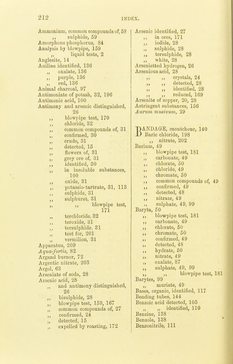 Ammonium, common compounds of, 58 ,, sulphide, 59 Amorphous phosphorus, 84 Analysis by blowpipe, 159 „ liquid tests, 2 Anglesite, 14 Aniline identified, 136 „ oxalate, 136 ,, purple, 136 ,, red, 136 Animal charcoal, 97 Antimoniate of potash, 32, 196 Antimonic acid, 100 Antimony and arsenic distinguished, 26 ,, blowpipe teat, 170 ,, chloride, 32 ,, common compounds of, 31 ,, confirmed, 30 crude, 31 ,, detected, 15 ,, flowers of, 31 „ grey ore of, 31 ,, identified, 30 ,, in insoluble substances, . 100 ,, oxide, 31 ,, potassio-tartrate, 31, 113 ,, sulphide, 31 ,, sulphuret, 31 ,, blowpipe test, 171 „ terchloride, 32 ,, teroxide, 31 ,. tersulphide, 31 „ test for, 201 „ vermilion, 31 Apparatus, 209 Aqua-fortis, 82 Argand burner, 72 Argentic nitrate, 203 Argol, 63 Arseniate of soda, 28 Arsenic acid, 28 „ and antimony distinguished, 26 ,, bisulphide, 28 ,, blowpipe test, 159, 167 „ common compounds of, 27 ,, confirmed, 24 „ detected, 15 „ expelled by roasting, 172 Arsenic identified, 27 ,, in ores, 171 ,, iodide, 28 ,, sulphide, 28 ,, tersulphide, 28 ,, white, 28 Arsenietted hydrogen, 26 Arsenious acid, 28 ,, ,, crystals, 24 ,, ,, detected, 28 ,, ,, identified, 28 ,, ,, reduced, 169 Arsenite of copper, 20, 28 Astringent substances, 156 Aui-um musivum, 29 BANDAGE, caoutchouc, 140 Baric chloride, 198 ,, nitrate, 202 Barium, 49 ,, blowpipe test, 181 „ carbonate, 49 ,, chlorate, 50 ,, chloride, 49 ,, chromate, 50 ,, common compounds of, 49 ,, confirmed, 49 ,, detected, 48 ,, nitrate, 49 ,, sulphate, 49, 99 Baryta, 50 ,, blowpipe test, 181 ,, carbonate, 49 ,, chlorate, 50 chromate, 50 ,, confirmed, 49 ,, detected, 48 ,, hydrate, 50 ,, nitrate, 49 ,, oxalate, 87 ,, sulphate, 49, 99 ,, ,, blowpipe test, 181 Barytes, 99 ,, muriate, 49 Bases, organic, identified, 117 Bending tubes, 144 Benzoic acid detected, 105 „ „ identified, 110 Benzine, 138 Benzole, 138 * Benzonitrile, 111