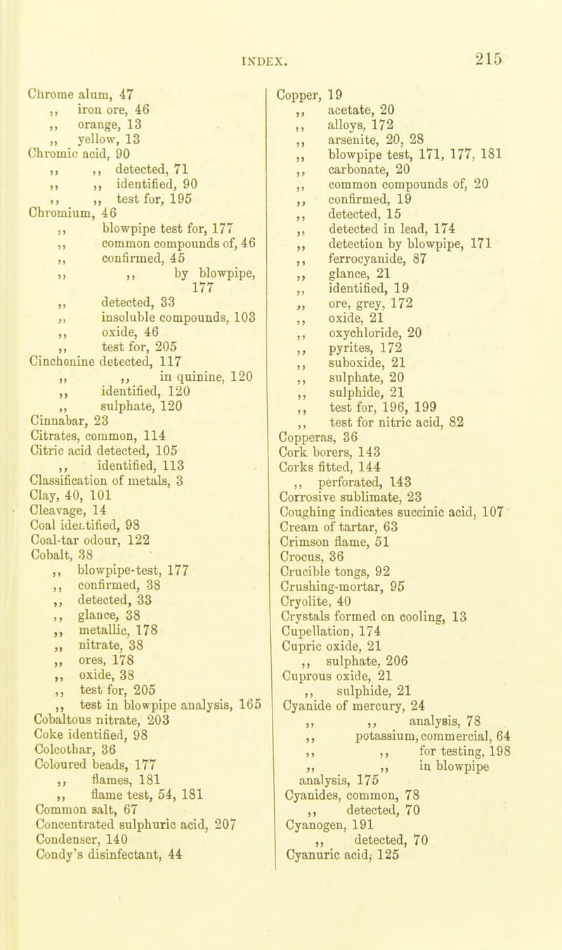 Chrome alum, 47 ,, iroa ore, 46 ,, orange, 13 „ yellow, 13 Chromic acid, 90 „ ,, detected, 71 ,, ,, identified, 90 ,, ,, test for, 195 Chromium, 46 ,, blowpipe test for, 177 ,, common compounds of, 46 ,, confirmed, 45 ,, ,, by blowpipe, 177 ,, detected, 33 ,, insoluble compounds, 103 ,, oxide, 46 „ test for, 205 Cinchonine detected, 117 ,, in quinine, 120 ,, identified, 120 ,, sulphate, 120 Cinnabar, 23 Citrates, common, 114 Citric acid detected, 105 ,, identified, 113 Classification of metals, 3 Clay, 40, 101 Cleavage, 14 Coal ider.tified, 98 Coal-tar odour, 122 Cobalt, 38 ,, blowpipe-test, 177 ,, confirmed, 38 detected, 33 ,, glance, 38 metallic, 178 ,, nitrate, 38 ,, ores, 178 ,, oxide, 38 ,, test for, 205 test in blowpipe analysis, 165 Cobaltous nitrate, 203 Coke identified, 98 Colcothar, 36 Coloured beads, 177 flames, 181 ,, flame test, 54, 181 Common salt, 67 Concentrated sulphuric acid, 207 Condenser, 140 Condy's disinfectant, 44 Copper, 19 ,, acetate, 20 ,, alloys, 172 ,, arsenite, 20, 28 ,, blowpipe test, 171, 177, 181 ,, carbonate, 20 ,, common compounds of, 20 ,, confirmed, 19 ,, detected, 15 ,, detected in lead, 174 ,, detection by blowpipe, 171 ,, ferrocyanide, 87 ,, glance, 21 ,, identified, 19 „ ore, grey, 172 ,, oxide, 21 ,, oxychloride, 20 ,, pyrites, 172 ,, suboxide, 21 ,, sulphate, 20 ,, sulphide, 21 ,, test for, 196, 199 ,, test for nitric acid, 82 Copperas, 36 Cork borers, 143 Corks fitted, 144 ,, perforated, 143 Corrosive sublimate, 23 Coughing indicates succinic acid, 107 Cream of tartar, 63 Crimson flame, 51 Crocus, 36 Crucible tongs, 92 Crushing-mortar, 95 Cryolite, 40 Crystals formed on cooling, 13 Cupellation, 174 Cupric oxide, 21 ,, sulphate, 206 Cuprous oxide, 21 ,, sulphide, 21 Cyanide of mercury, 24 ,, ,, analysis, 78 ,, potassium,commercial, 64 ,, ,, for testing, 198 ,, ,, in blowpipe analysis, 175 Cyanides, common, 78 ,, detected, 70 Cyanogen, 191 „ detected, 70 Cyanuric acid, 125