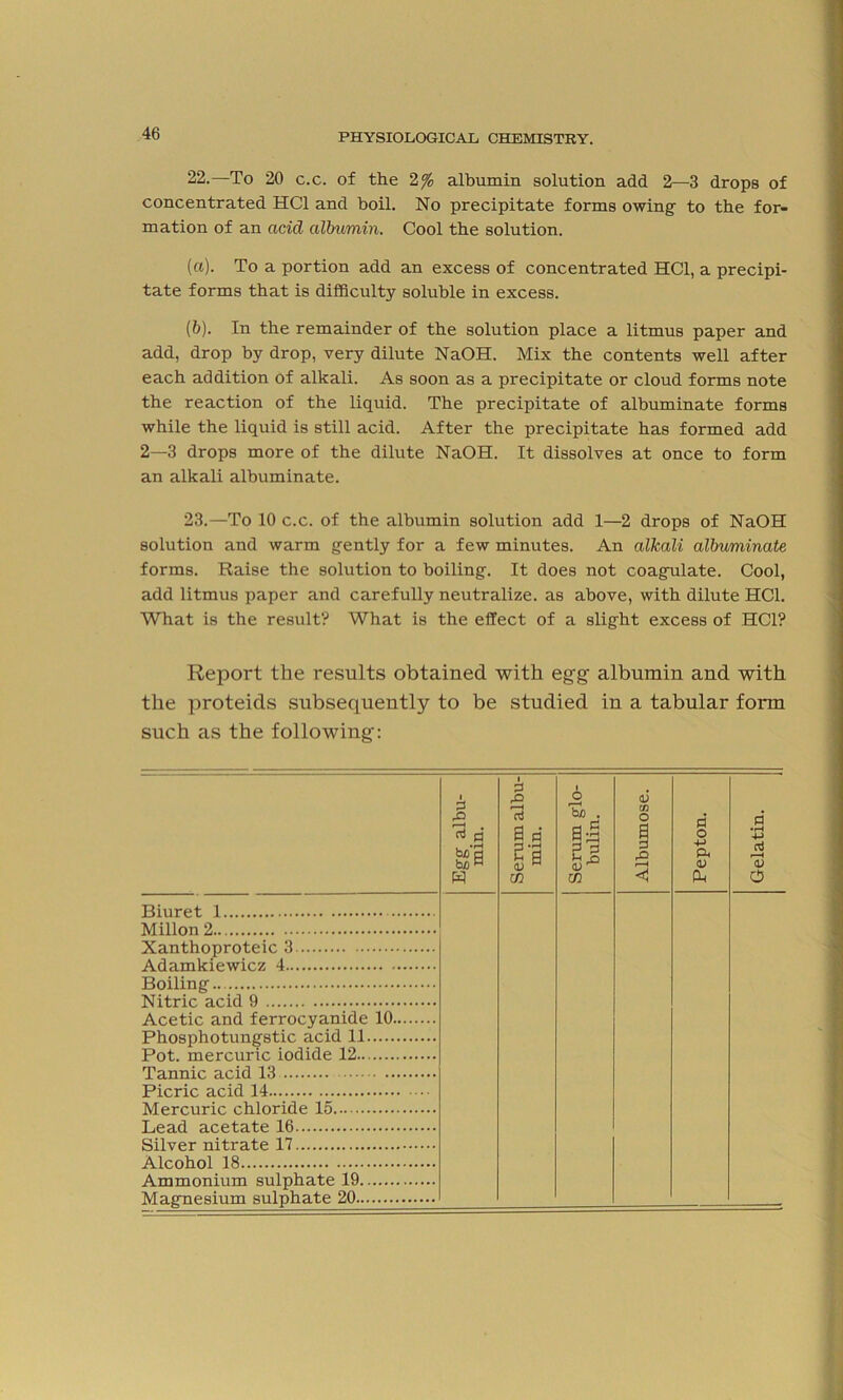 22. —To 20 c.c. of the 2% albumin solution add 2—3 drops of concentrated HC1 and boil. No precipitate forms owing- to the for- mation of an acid albumin. Cool the solution. (a) . To a portion add an excess of concentrated HC1, a precipi- tate forms that is difficulty soluble in excess. (b) . In the remainder of the solution place a litmus paper and add, drop by drop, very dilute NaOH. Mix the contents well after each addition of alkali. As soon as a precipitate or cloud forms note the reaction of the liquid. The precipitate of albuminate forms while the liquid is still acid. After the precipitate has formed add 2—3 drops more of the dilute NaOH. It dissolves at once to form an alkali albuminate. 23. —To 10 c.c. of the albumin solution add 1—2 drops of NaOH solution and warm gently for a few minutes. An alkali albuminate forms. Raise the solution to boiling. It does not coagulate. Cool, add litmus paper and carefully neutralize, as above, with dilute HC1. What is the result? What is the effect of a slight excess of HC1? Report the results obtained with egg albumin and with the proteids subsequently to be studied in a tabular form such as the following: r£> Biuret 1 . Millon 2 Xanthoproteic 3 Adamkiewicz 4 Boiling Nitric acid 9 Acetic and ferrocyanide 10. Phosphotungstic acid 11 Pot. mercuric iodide 12 Tannic acid 13 Picric acid 14 Mercuric chloride 15 Lead acetate 16 Silver nitrate 17 Alcohol 18 Ammonium sulphate 19 Magnesium sulphate 20 ■ o m Albumose. Pepton. Gelatin.