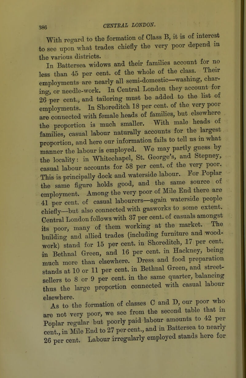 With reo-arcl to tlie formation of Class it is of interest to see upon wliat trades chiefly the very poor depend m the various districts. In Battersea widows and their families account for no less than 45 per cent, of the whole of the class. Their employments are nearly all semi-domestic-washmg, char- ing, or needle-work. In Central London they account for 26 per cent, and tailoring must be added to the list ot employments. In Shoreditch 18 per cent, of the very poor are connected with female heads of families, but elsewhere the proportion is much smaller. With male heads of families, casual labour naturally accounts for the largest proportion, and here our information fails to tell us m what manner the labour is employed. We may partly guess by the locality: in Whitechapel, St. George's, and Stepney, casual labour accounts for 58 per cent, of the very poor. This is principally dock and waterside labour. For Poplar the same figure holds good, and the same source of employment. Among the very poor of Mile End there are 41 per cent, of casual labourers—again waterside people chiefly-but also connected with gasworks to some extent. Central London follows with 37 per cent, of casuals amongst its poor, many of them working at the market. Ihe building and alhed trades (including furniture and wood- work) stand for 15 per cent, in Shoreditch, 17 per cent, in Bethnal Green, and 16 per cent, in Hackney, bemg much more than elsewhere. Dress and food preparation stands at 10 or 11 per cent, in Bethnal Green, and street- sellers to 8 or 9 per cent, in the same quarter, balancing thus the large proportion connected with casual labour elsewhere. , ^ , As to the formation of classes C and D, our poor who are not very poor, we see from the second table that m Poplar regular but poorly paid labour amounts to 42 per cent., in Mile End to 27 per cent., and in Battersea to nearly 26 per cent. Labour irregularly employed stands here for